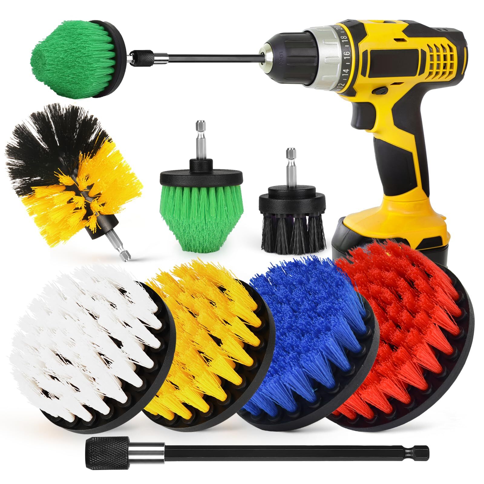 Drill Brush Attachment Set 7pcs 1/4in Power Scrubber Brush + Extend Long Attachm