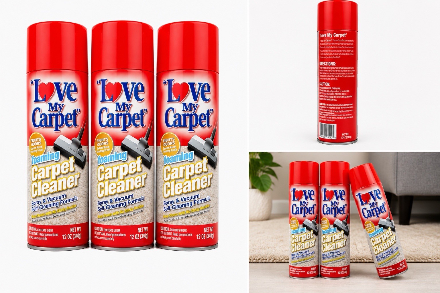 Love My Carpet Foaming Carpet Cleaner Spray & Vacuum 12oz 3-Pack Fights Odors