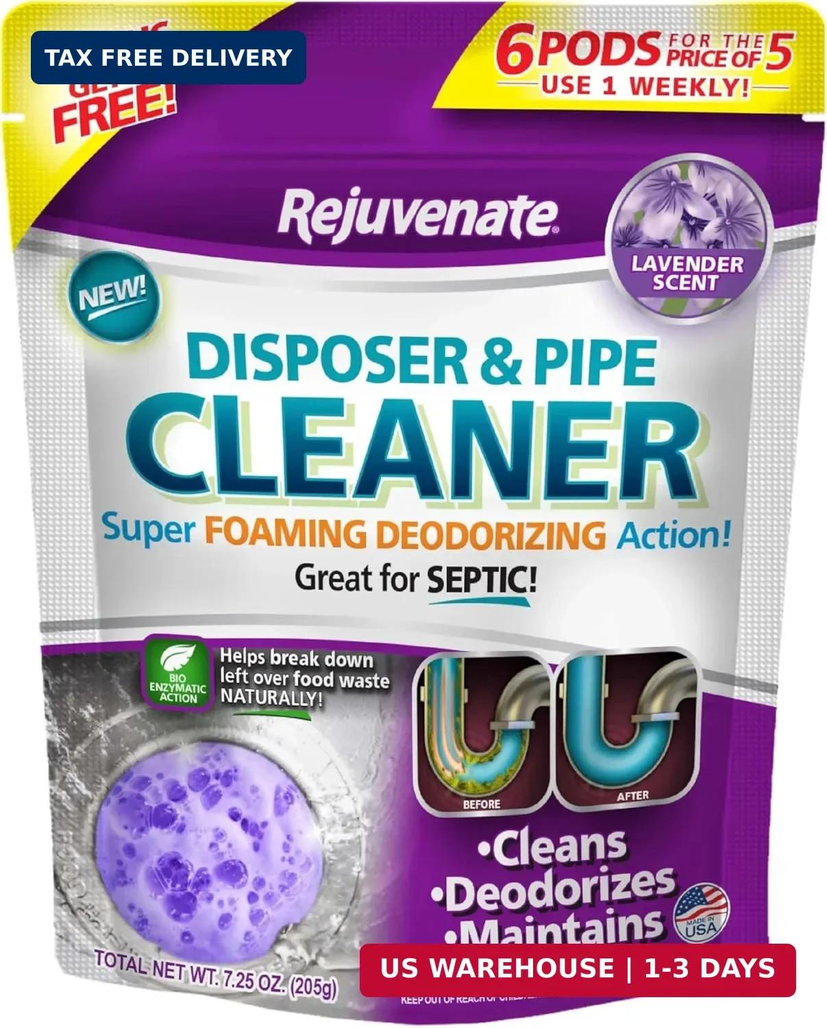 Rejuvenate Disposal Cleaner, 6 Pods, Lavender-Scented Disposal and Pipe Cleaner