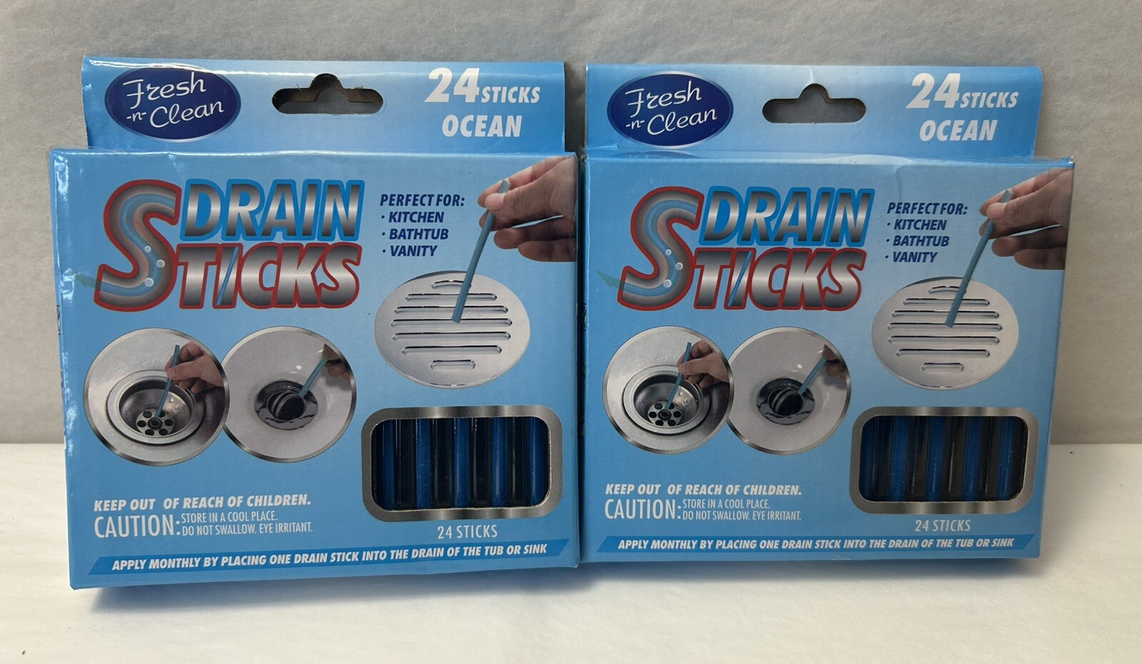 New Fresh -n- Clean Drain Odor Sticks Ocean Scent 2-PACK 48 Sticks Total