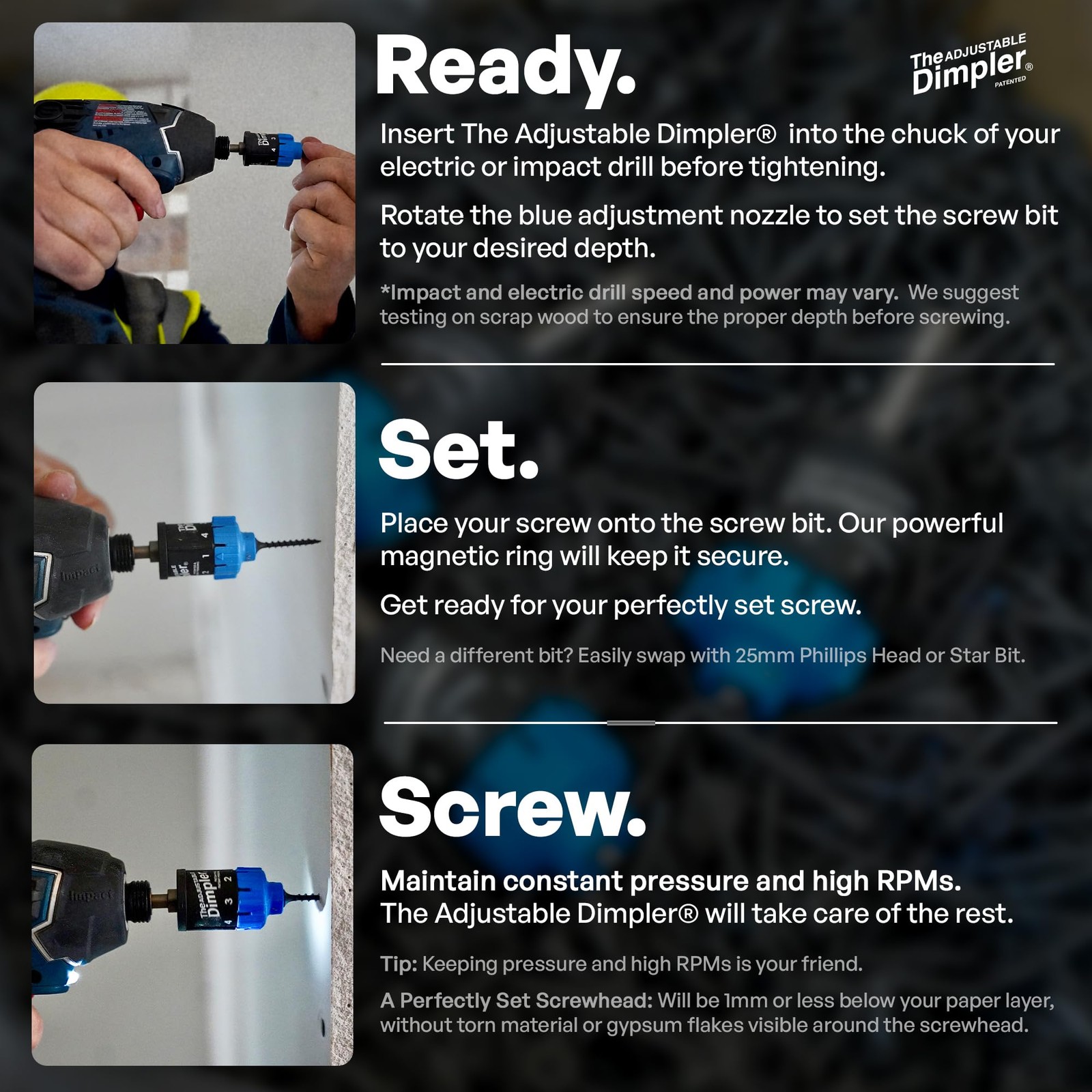 Adjustable Drywall Bit for Electric & Impact Drills | Magnetic Screw Holder
