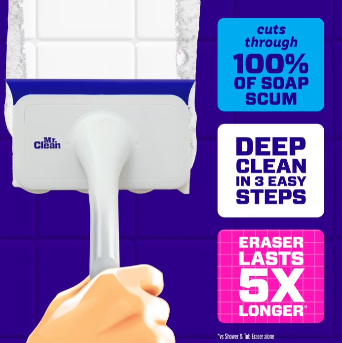 Mr. Clean Shower & Tub Scrubber, Starter Kit, 1 Scrubber & 2 Erasers