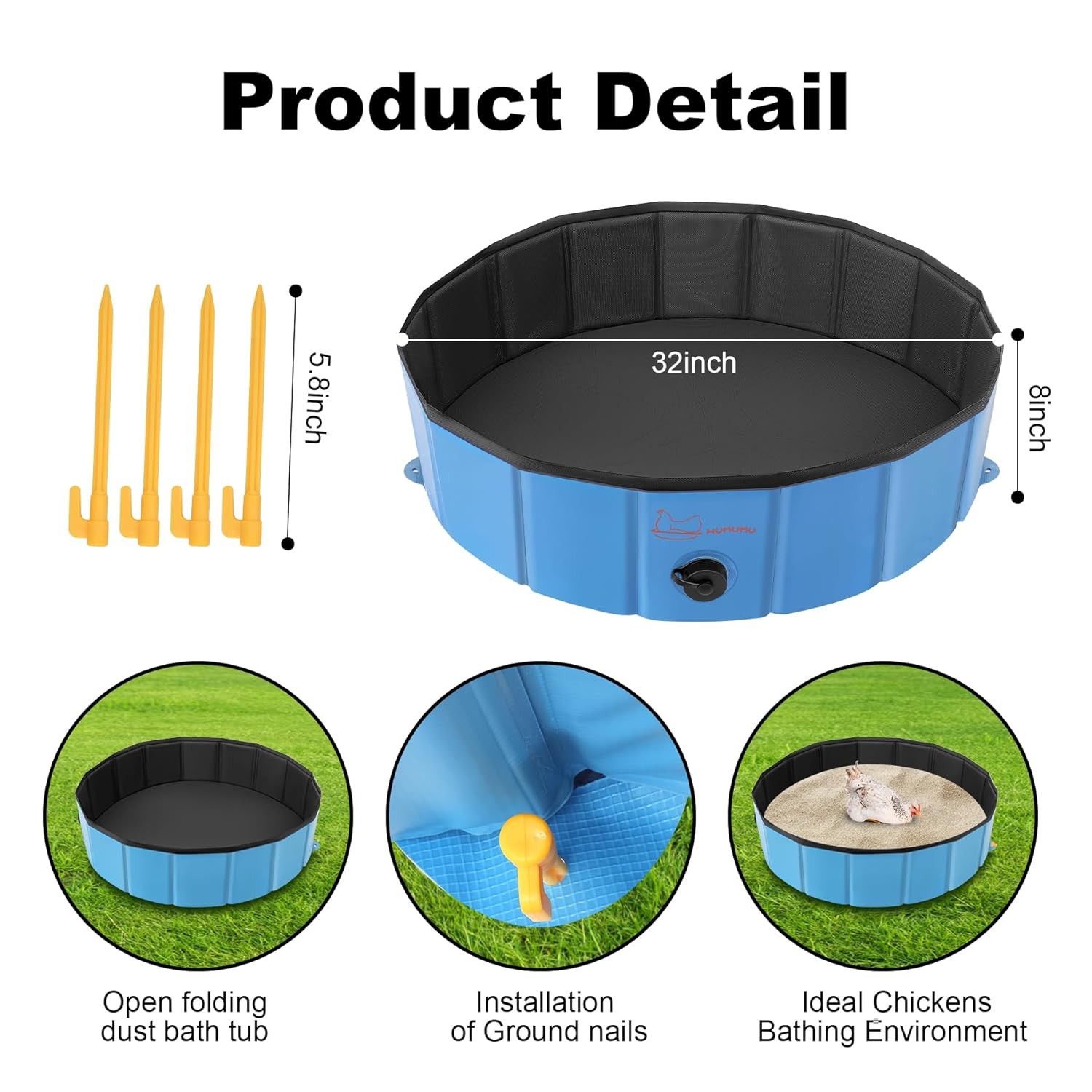Chicken Dust Bath Tub (32” D * 8” H), Foldable Design, Extra-Tough PVC, Dust B