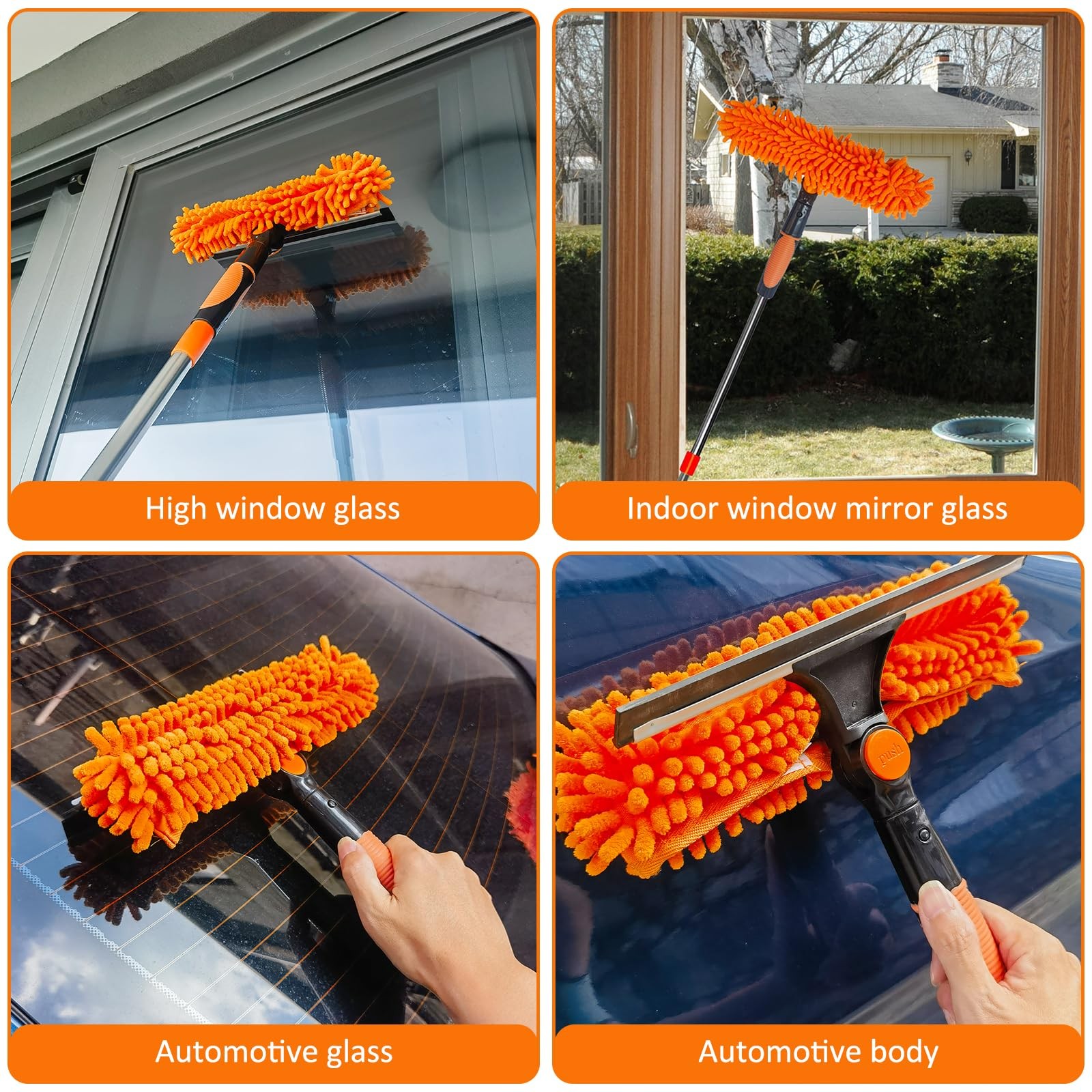20+ Feet Reach 2 in 1 Window Washing Squeegee & Duster with 3-14 ft Orange