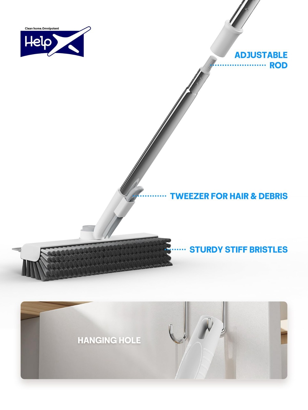 Heavy-Duty Floor Scrub Brush with Long Handle, 3-in-1 Stiff Bristles & Squeegee