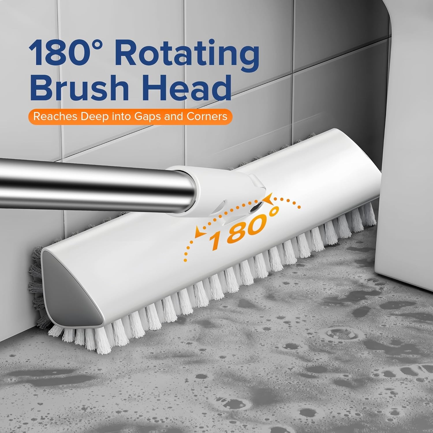 Grout Brush with Long Heavy Duty Handle, 180° Swivel Floor Scrub Brush, V-Shape