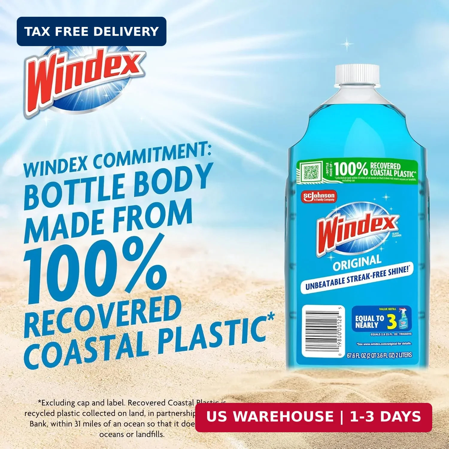 Windex Refill Glass and Window Cleaner Bottle, Bottle Made from 100% Recycled Pl