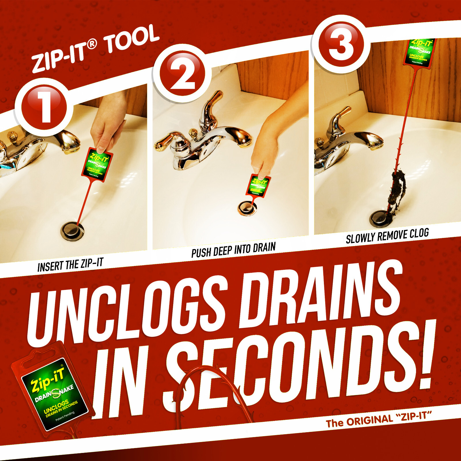 ZIP IT DRAIN CLEANER, 3-Pack Plastic Drain Stick Hair Clog Remover, drain snake