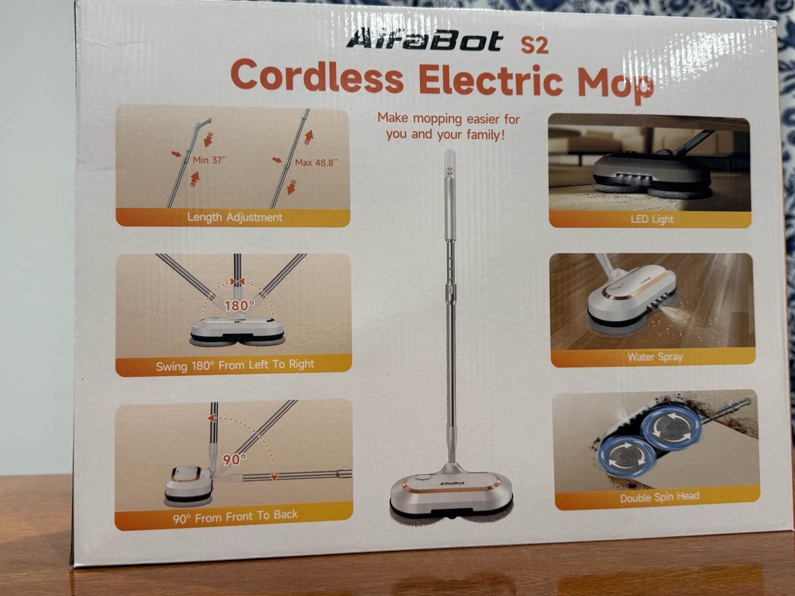 Cordless Electric Mop AlfaBot S2 Spin Mop LED Light And Sprayer 400 ML 60 Mins