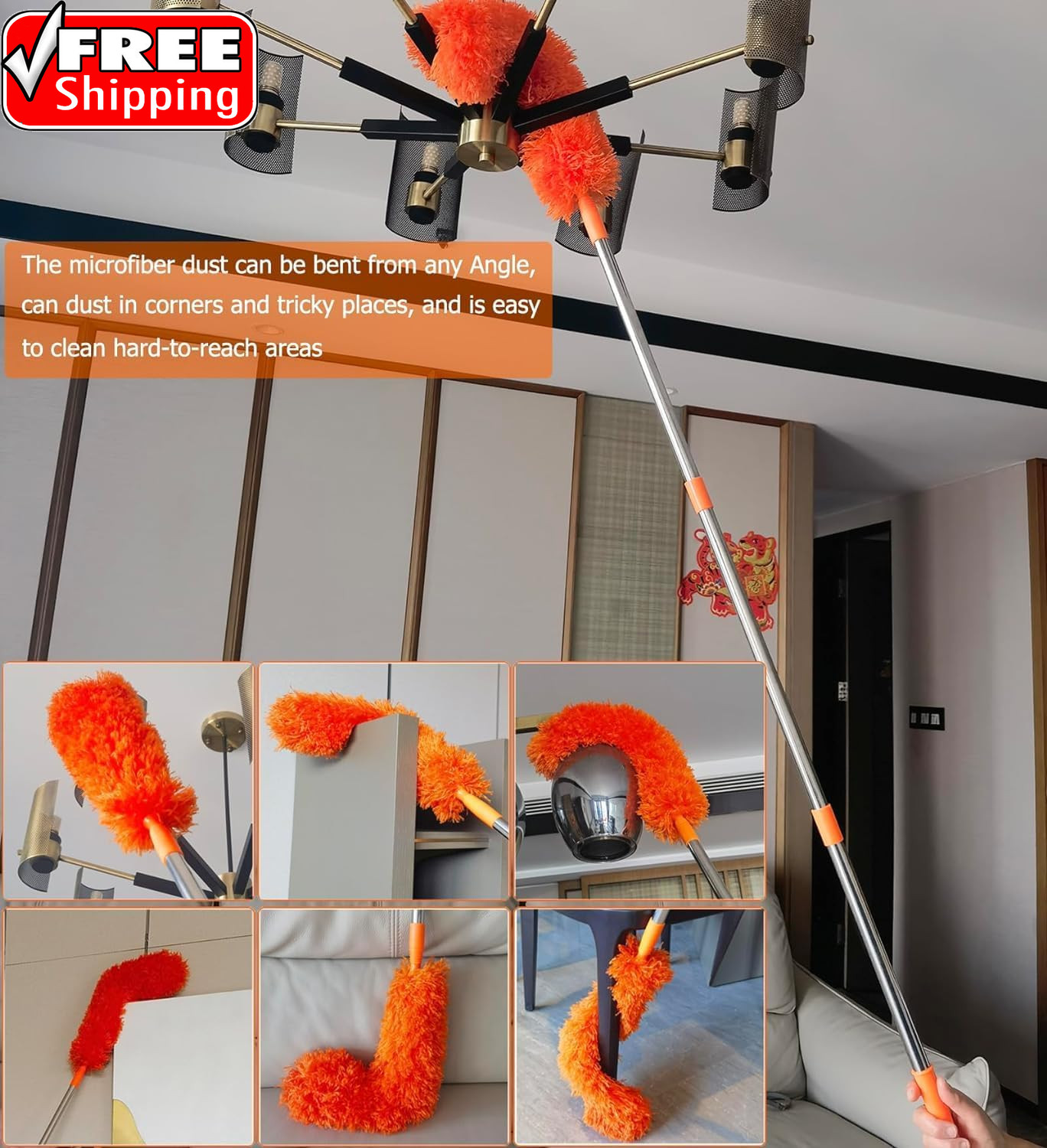 20+ Feet High Reach Dusting Kit with 3-14 Ft Extension Pole //2 in 1 Window Clea