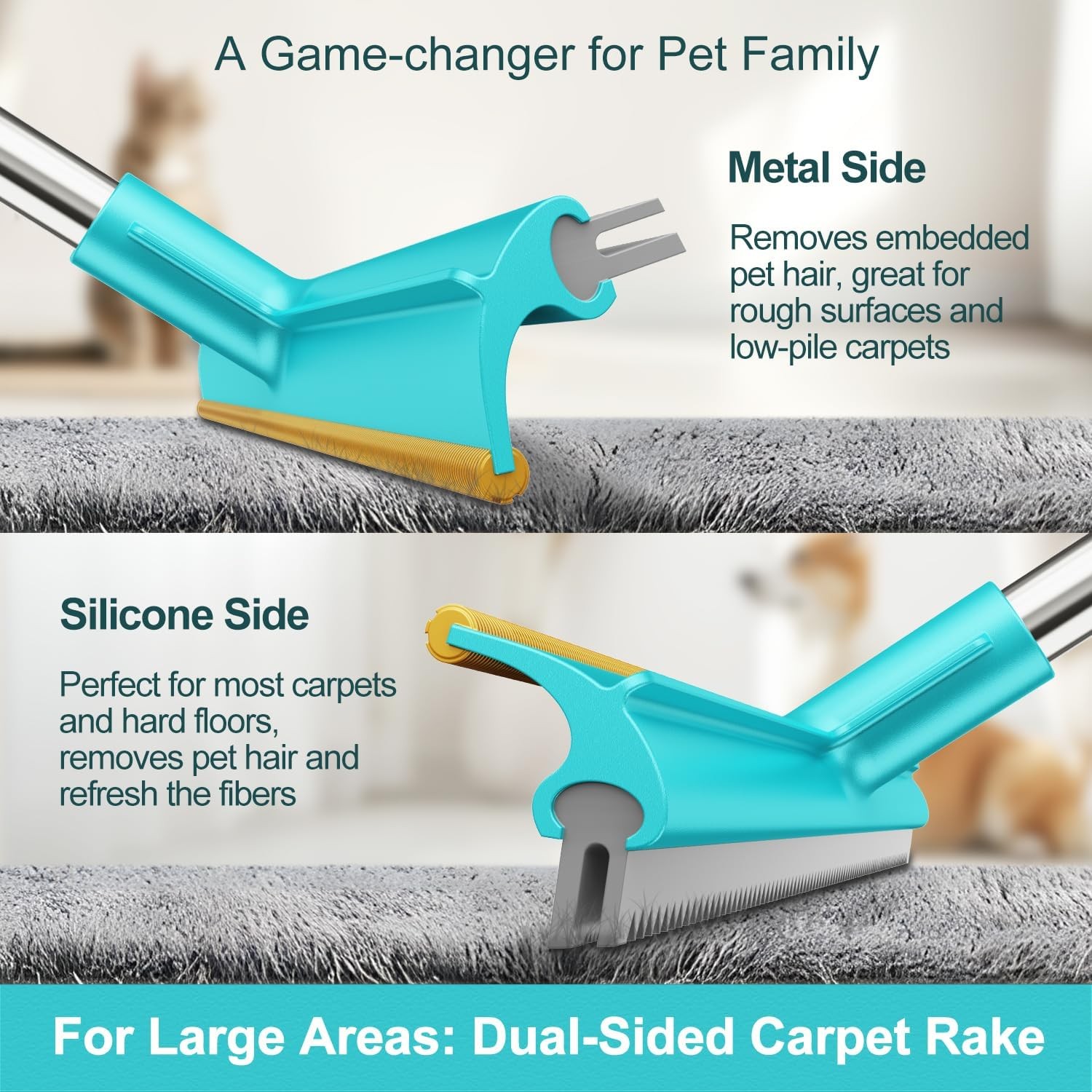 Carpet Rake for Pet Hair Removal, Dog Cat Fur Remover Rubber Broom,
