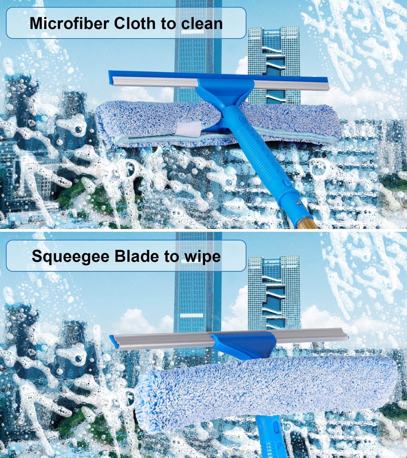 2 in 1 Window Squeegee Cleaning Kit with Aluminum Alloy Extension Poles, Scru…