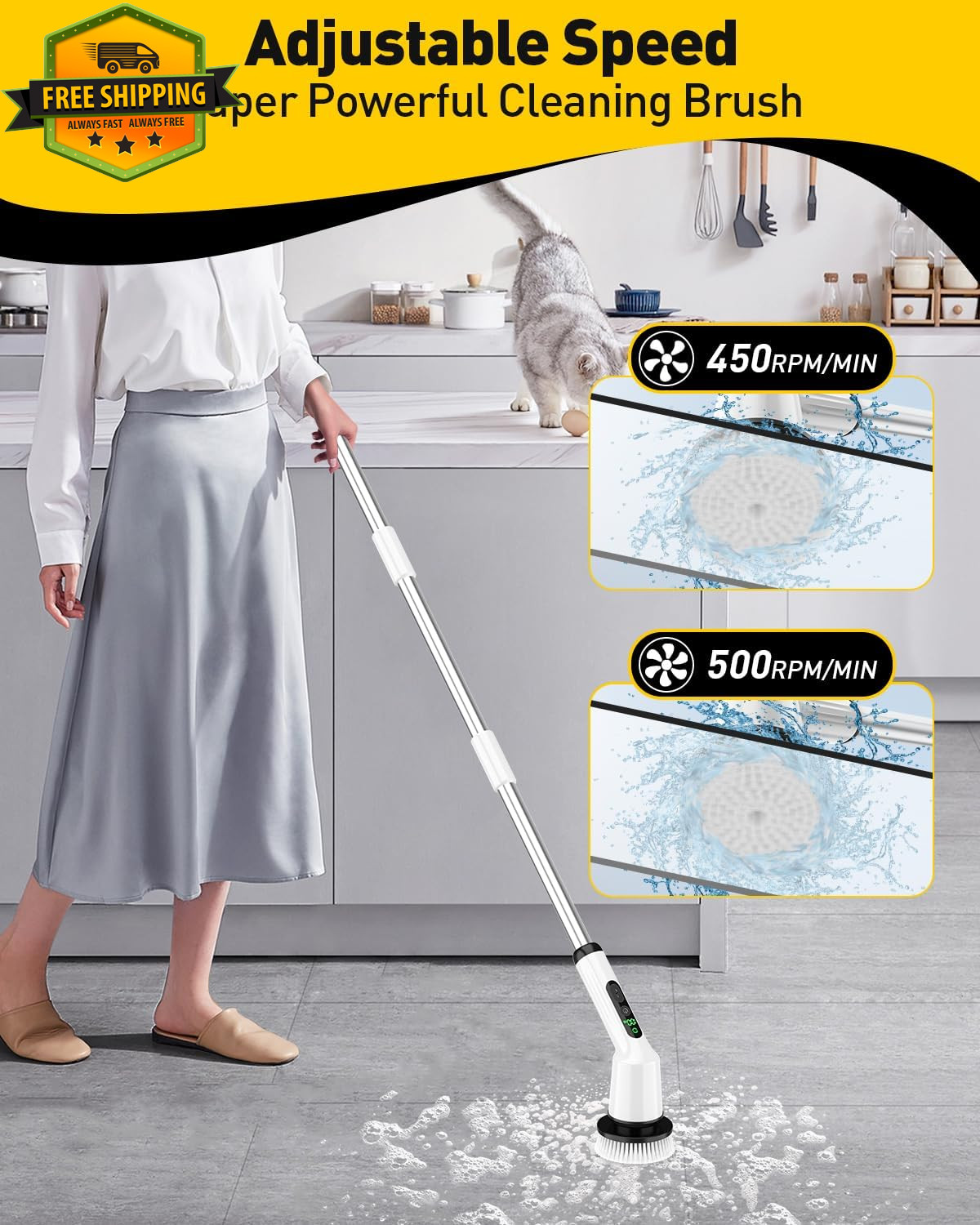 Electric Spin Scrubber Cordless Bathroom Cleaning Brush 2 Speed 3 Heads