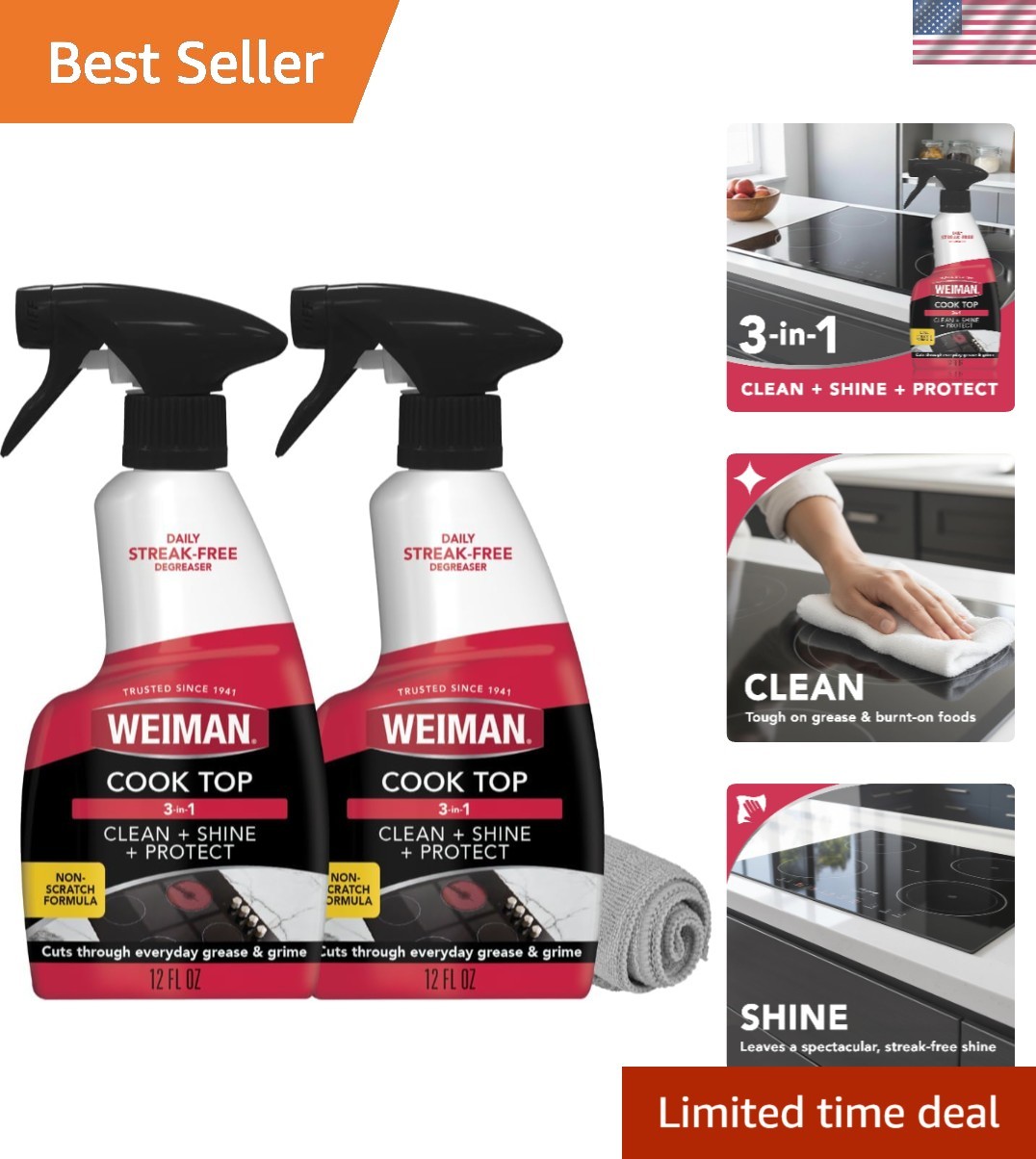 Large 12 Fl Oz Cooktop Cleaner & Microfiber Cloth Set – Non-Toxic & Powerful