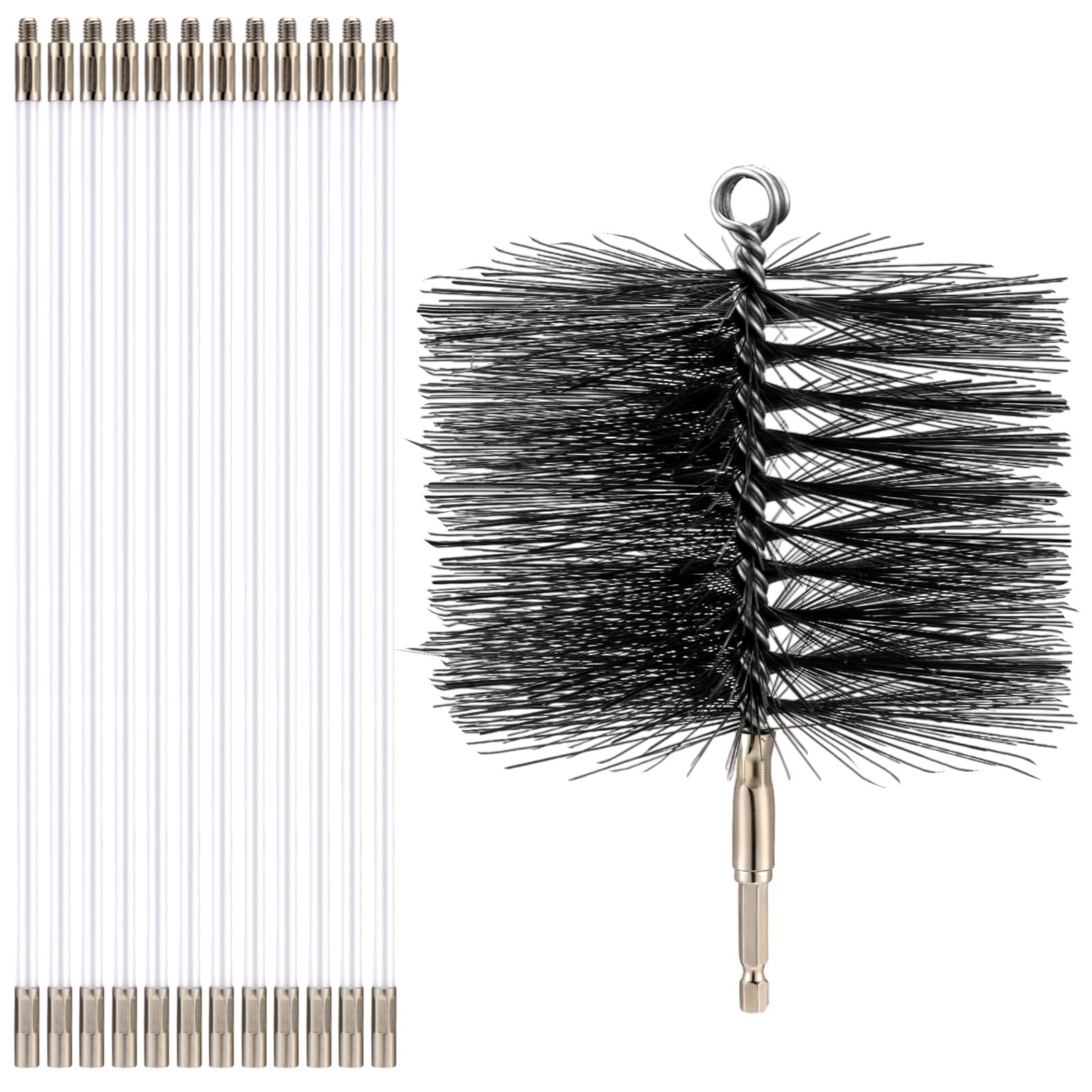 Wire Chimney Cleaning Brush with 1/4 Npt Fitting and 12 Rods, 6 Inch Round Steel
