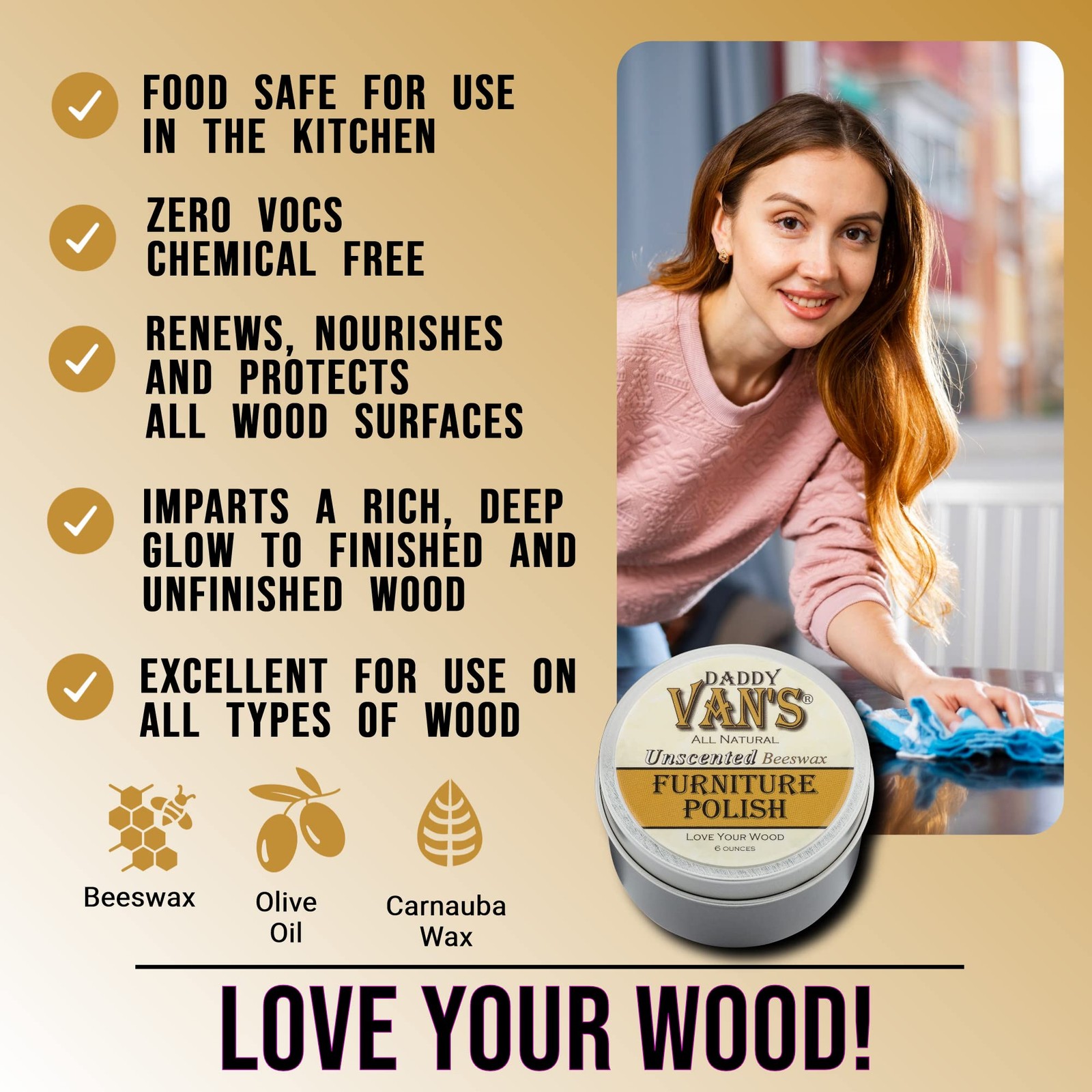 Daddy Van’s All Natural Beeswax Furniture Polish – Unscented, FoodSafe Wood W…
