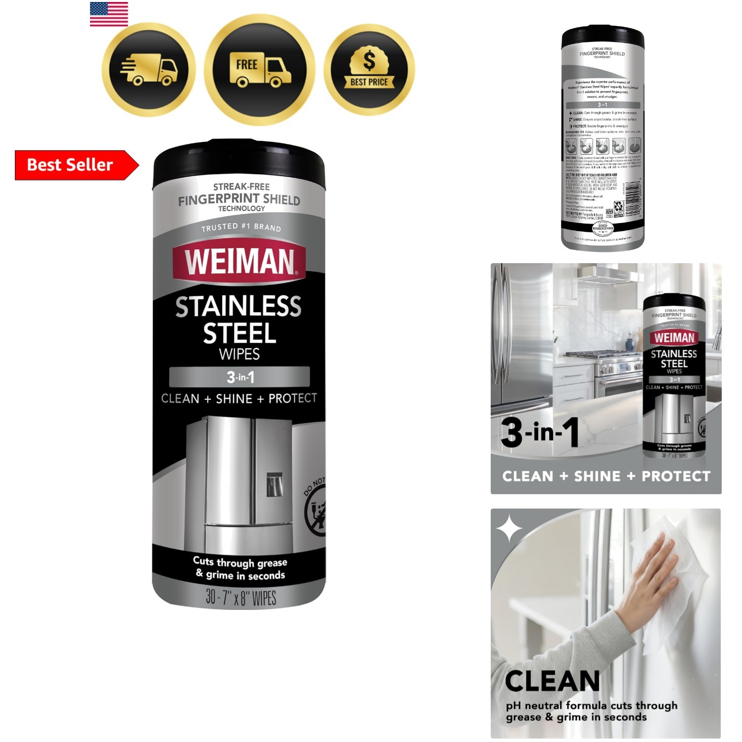 Stainless Steel Cleaner, 30 Count Wipes, Anti-Fingerprint, Removes Grease, Wa…