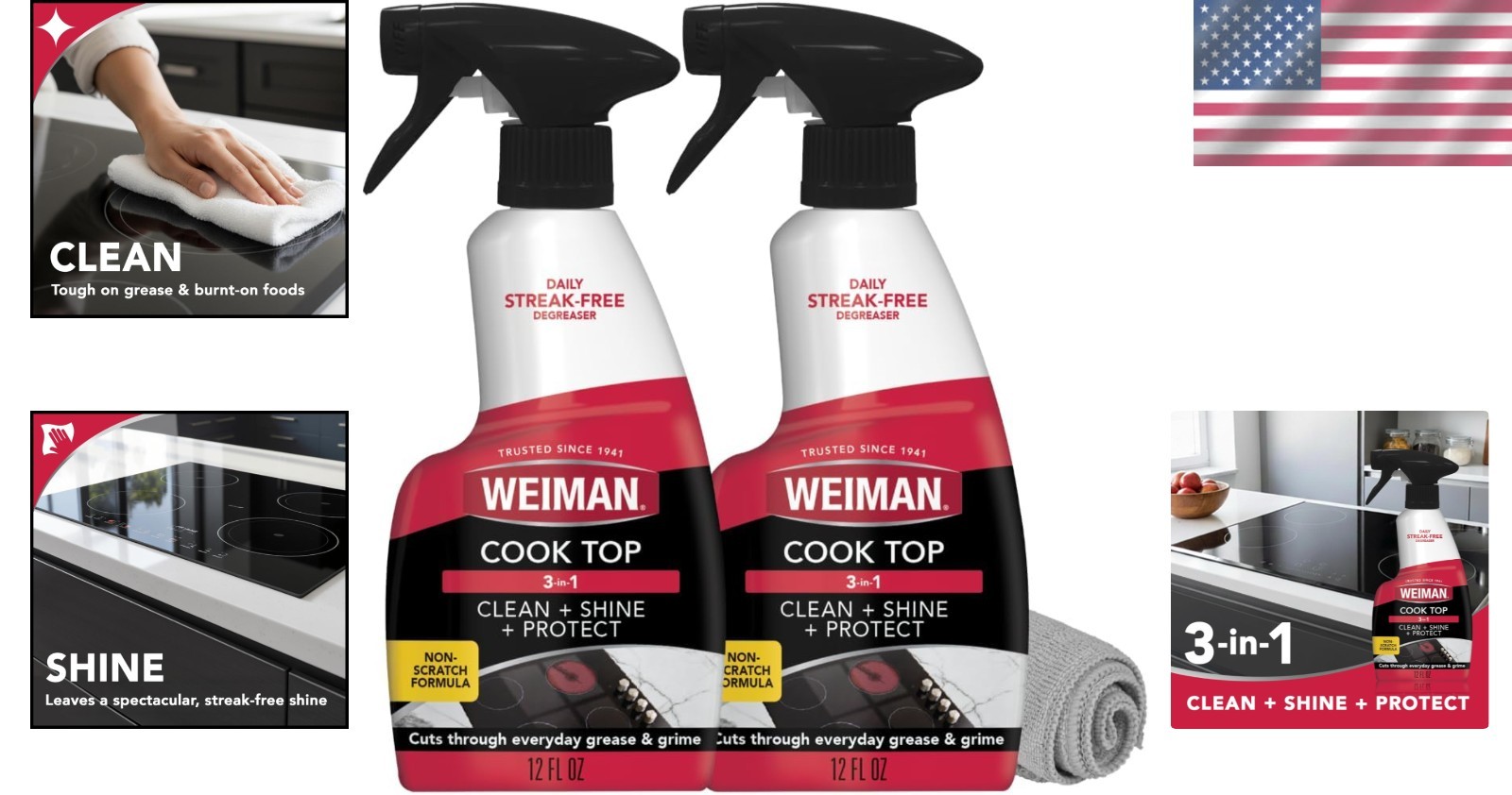 Large 12 Fl Oz Cooktop Cleaner & Microfiber Cloth Set – Non-Toxic & Powerful