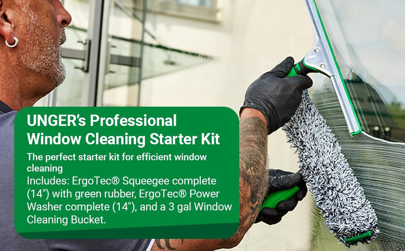 Unger Commercial Window Cleaning Kit – 3-In-1 Starter Set with 14″ Squeegee, Mic