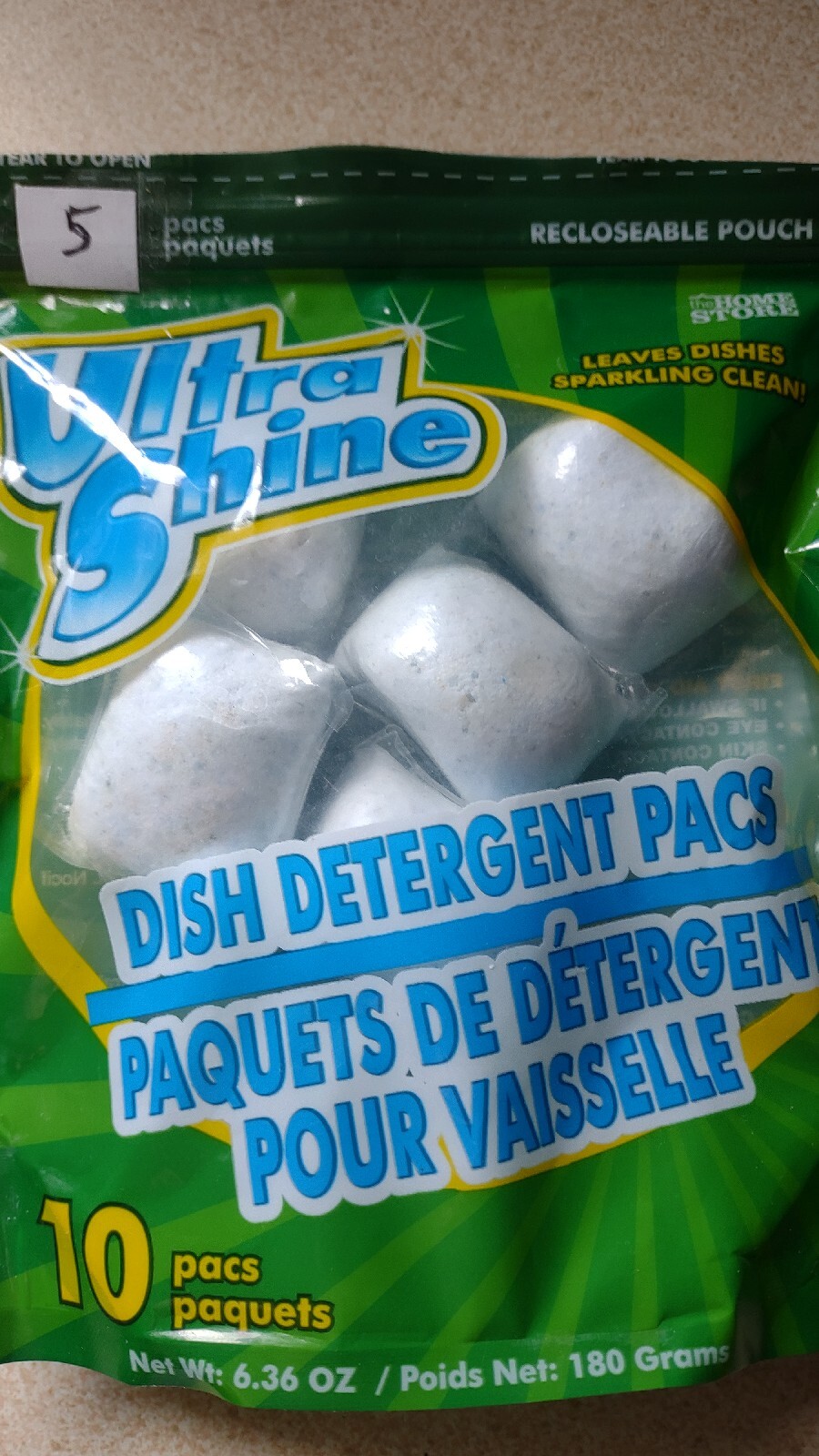 Ultra Shine Dishwasher Detergent Fresh Pods Clean Dishes 5 PODS in one bag