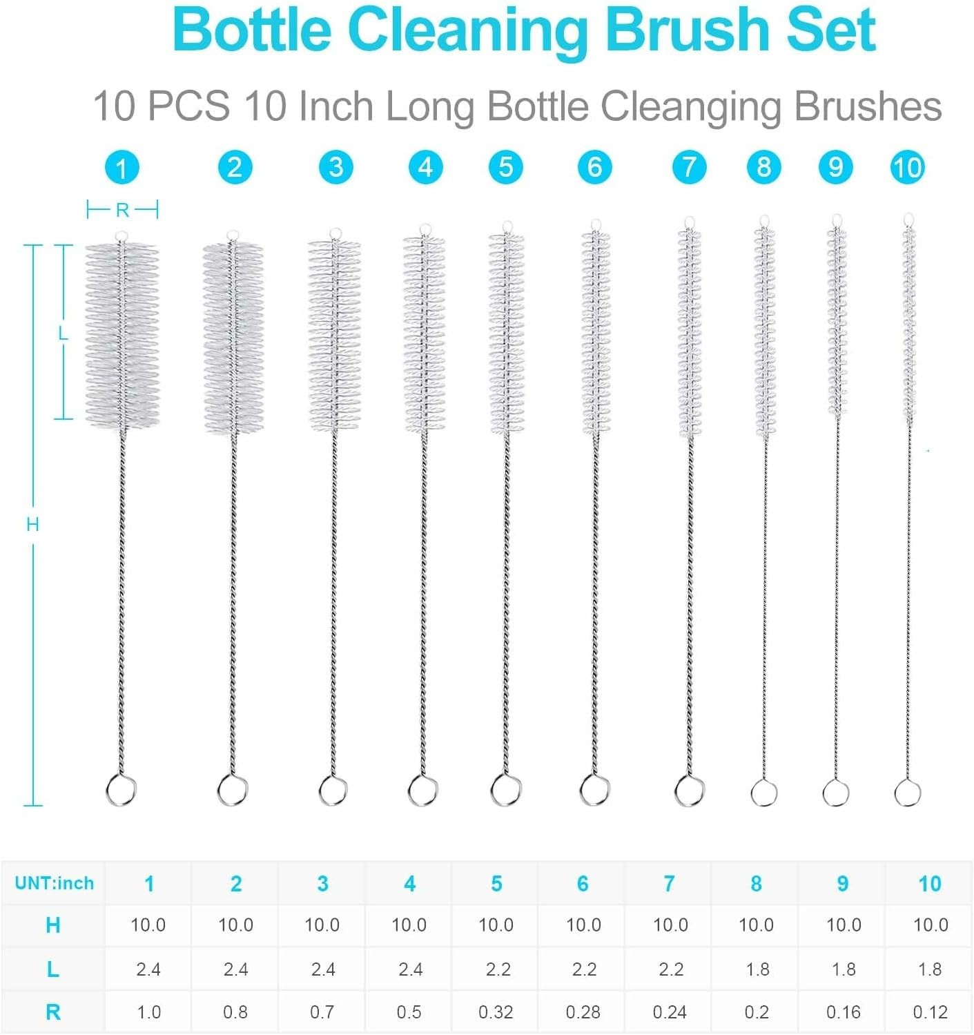10-Pack Nylon Straw Cleaning Brushes–Stainless Steel Wire Drink Pipe Cleaner Kit