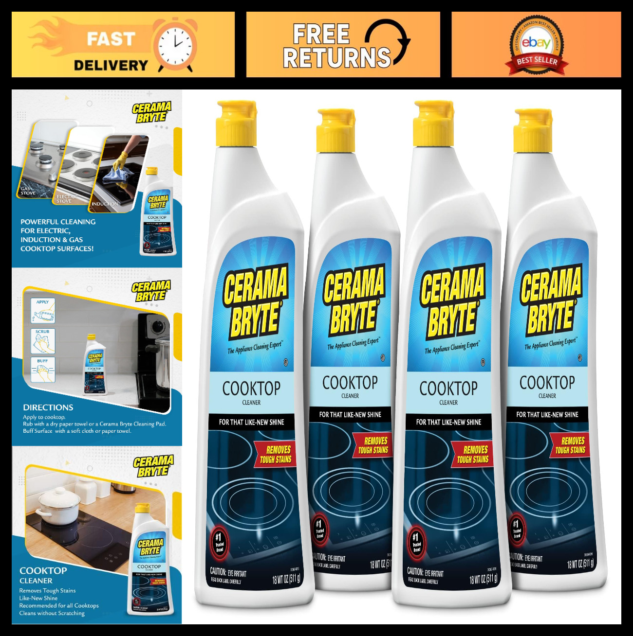 Glass-Ceramic Cooktop Cleaner, 18 oz – 4 Pack, Streak-Free Shine & Easy Cleaning