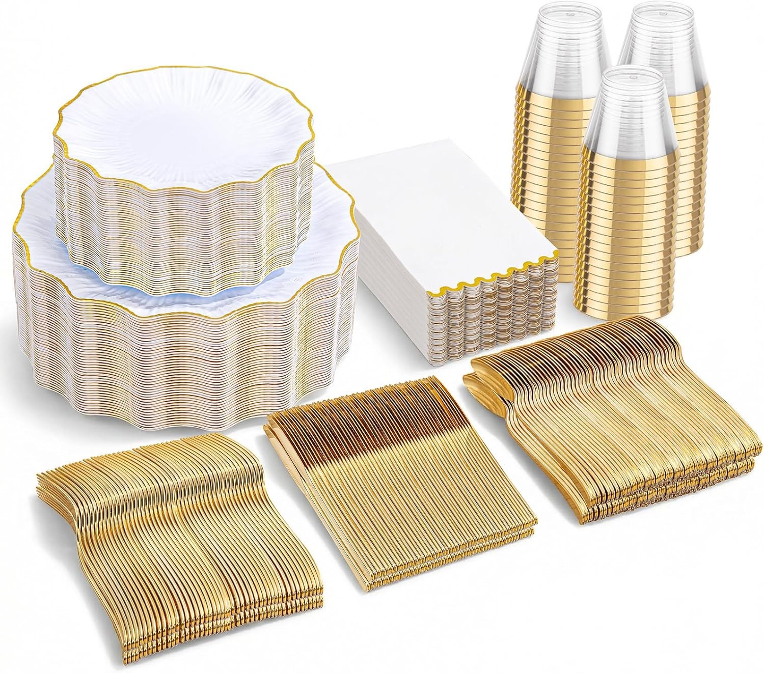 I00000 350 PCS White and Gold Plastic Plates for 50 Guests, Premium Scalloped