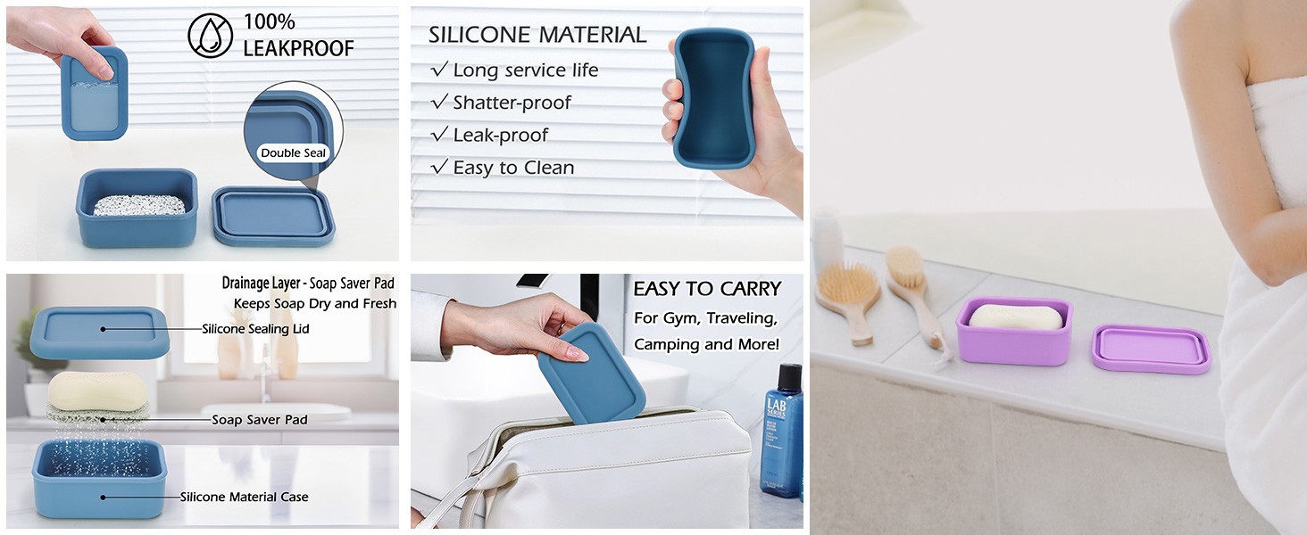 Leak Proof Silicone Travel Soap Case with Drain Pad, Shatterproof Compact Bar