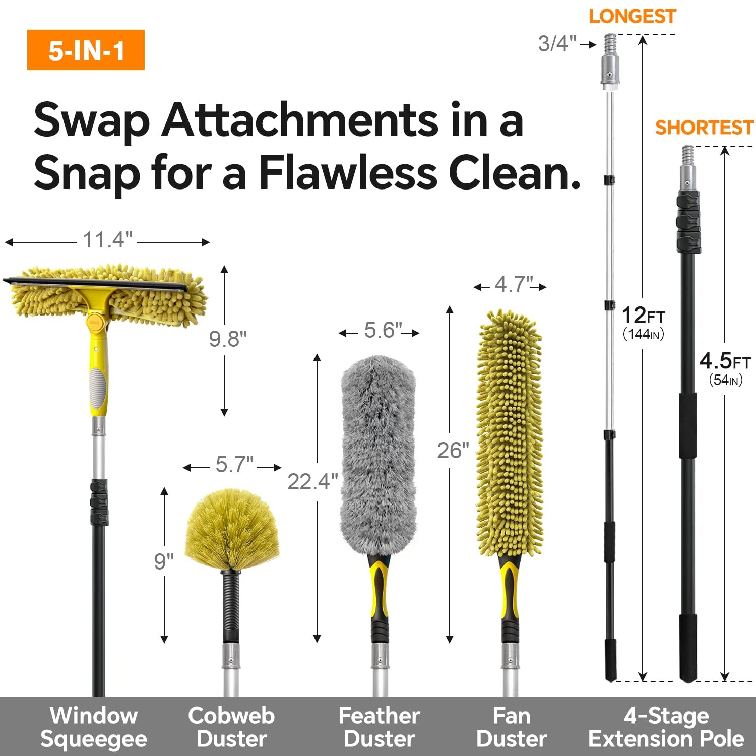 4-12Ft Telescoping Extension Pole Kit 5-in-1 High Reach Duster with Chenille