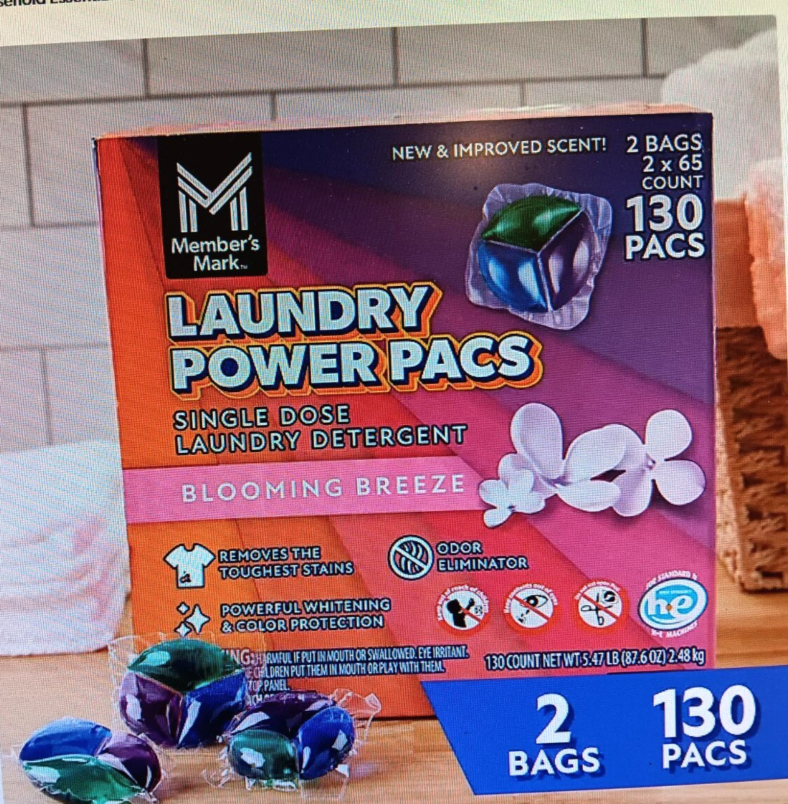 MEMBER MARK PODS LIQUID LAUNDRY DETERGENT, BLOOMING BREEZE SCENT (130 PODS)