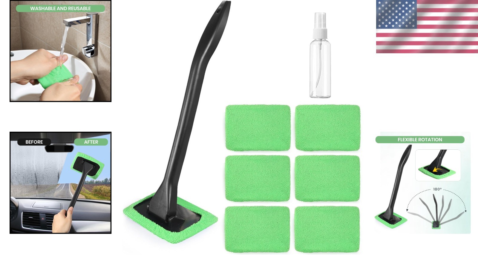 Effortless Car Window Cleaning Kit with 6 Washable Microfiber Pads – Green
