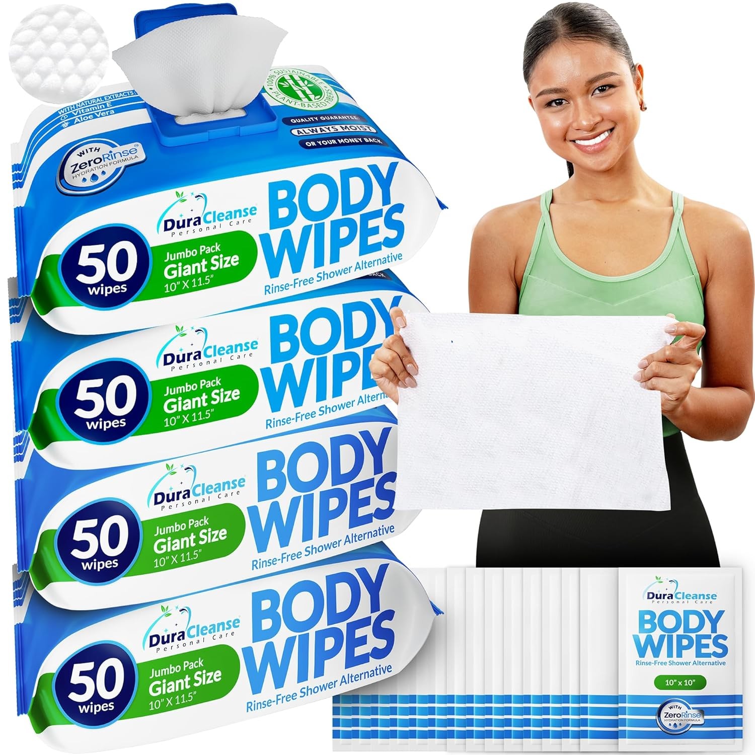 XL Body Wipes for Adults – (4 Pack) 200 Adult Shower Wipes + 16 Travel Bath Sh