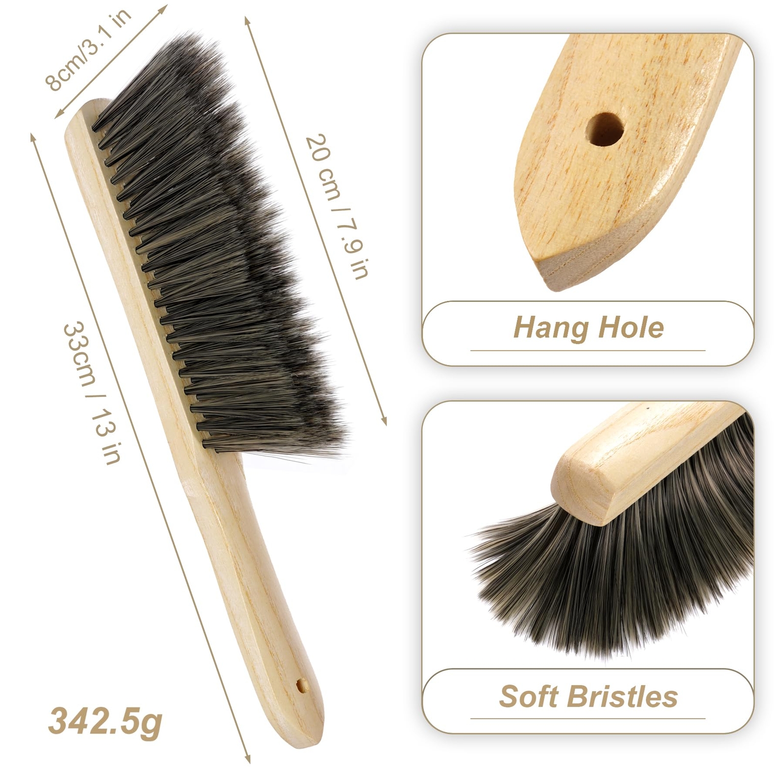 2 Pieces Wooden Handle Bench Brushes Horse Hair Brushes Soft Bristles Dust Brush