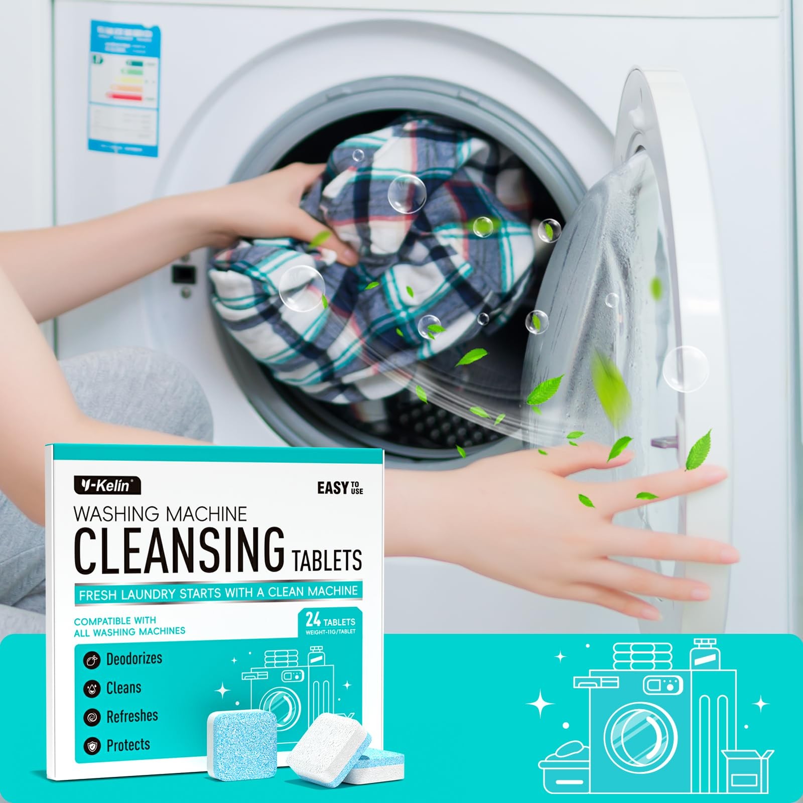 24 Pack Washing Machine Cleaner Tablets, 1 Year, HE Front, Top Load, Septic Safe