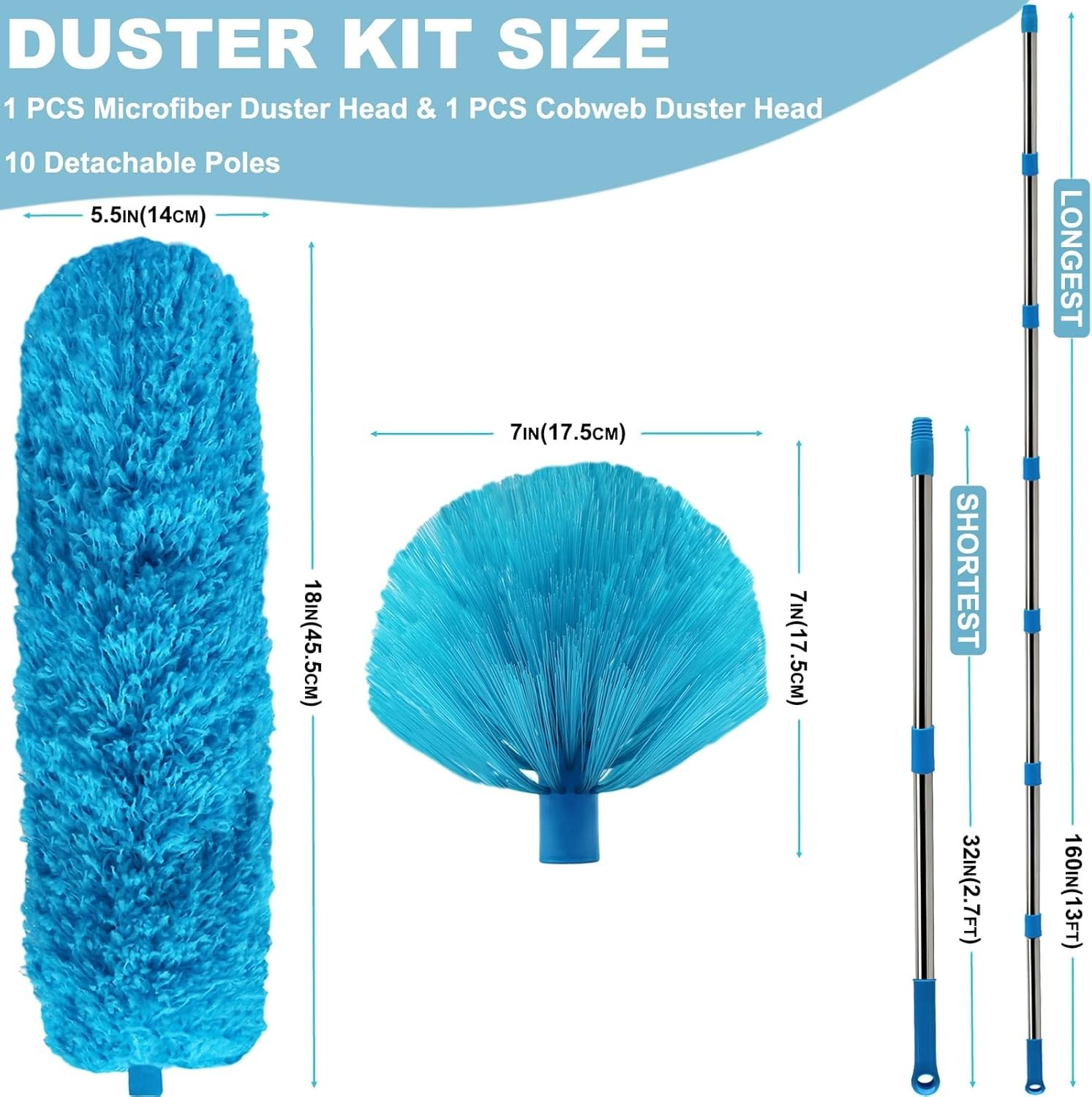 20+ Ft High Reach Ceiling Fan Duster & Cobweb & Corner Brush Duster with 3-13 ft