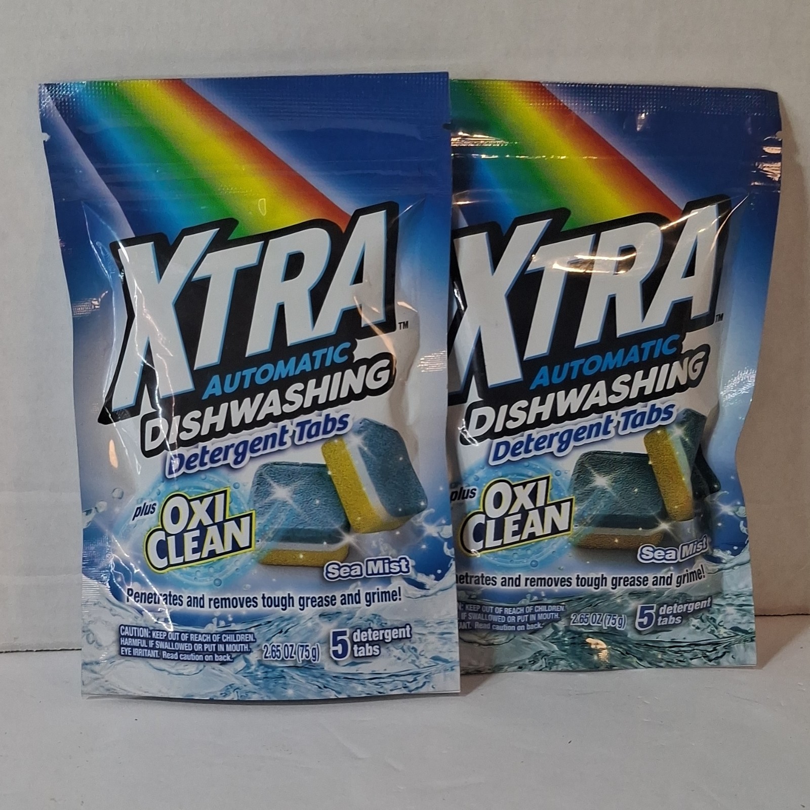 XTRA Dishwasher Detergent Tablets with OxiClean, Sea Mist, 5 Tabs, 2-Pack