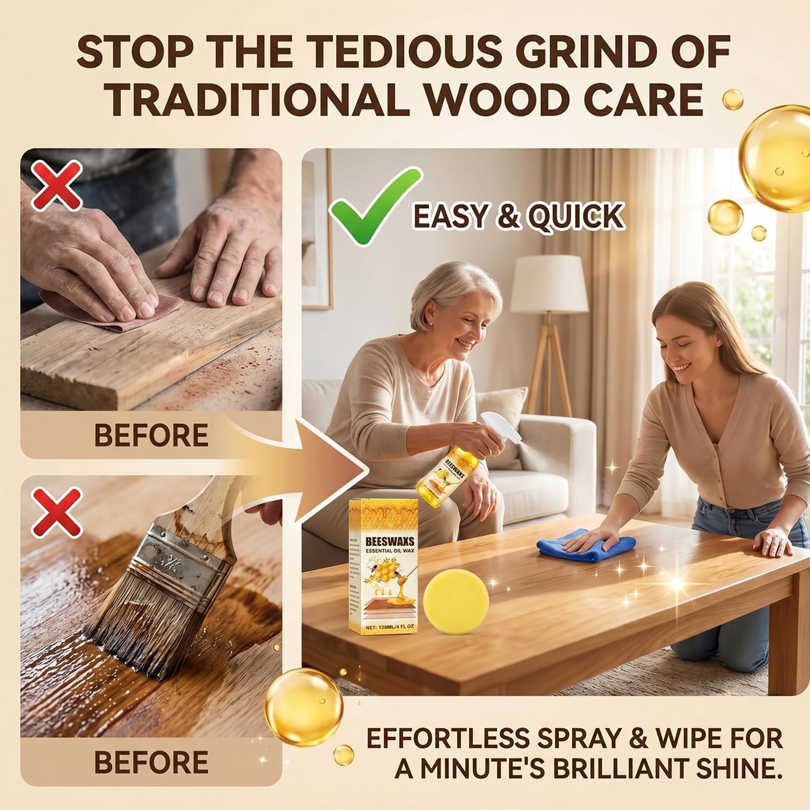 Natural Beeswax Wood Polish Spray with Sponge & Towel