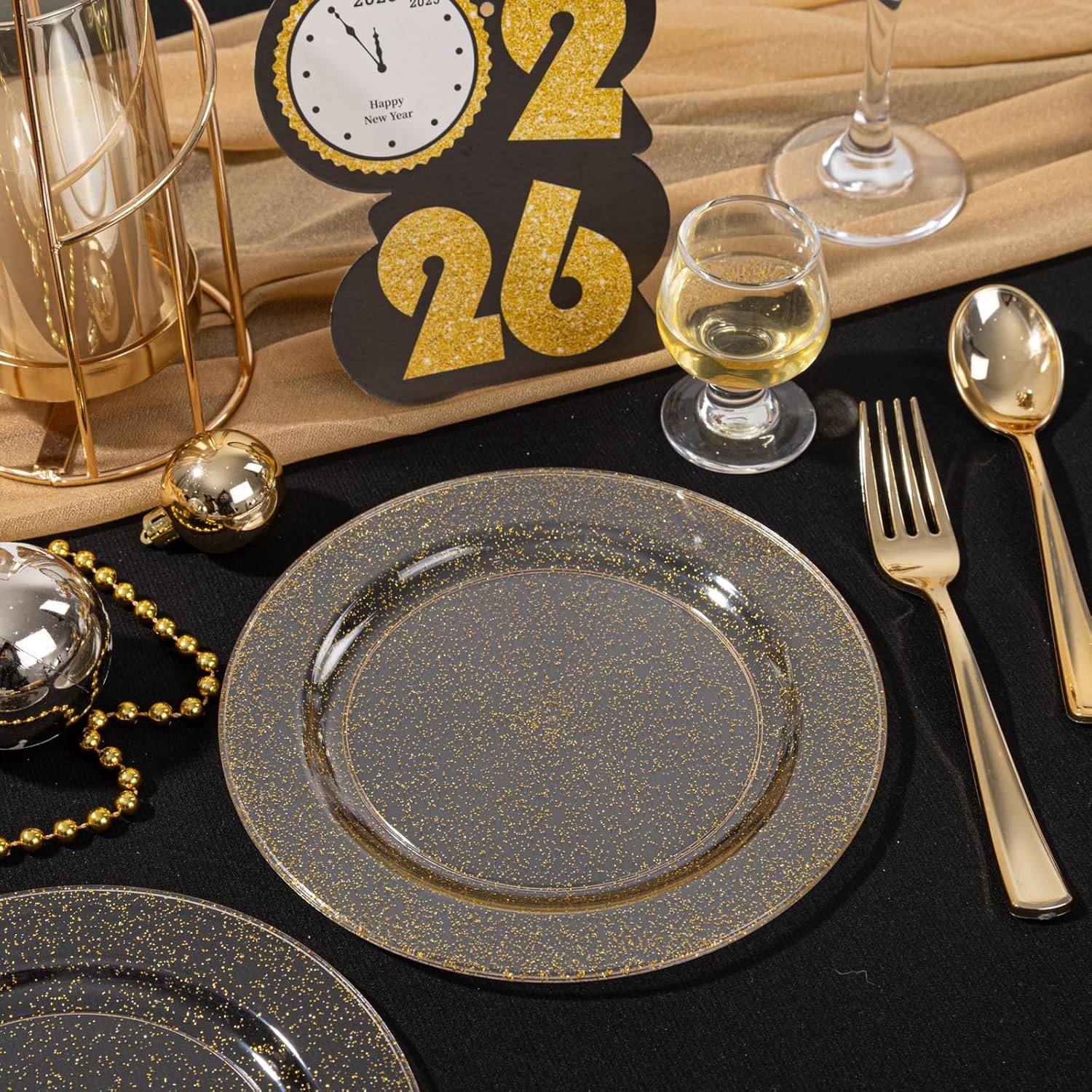Liacere 100Pieces Gold Plastic Plates-Disposable Gold Glitter Plates-10.25inch