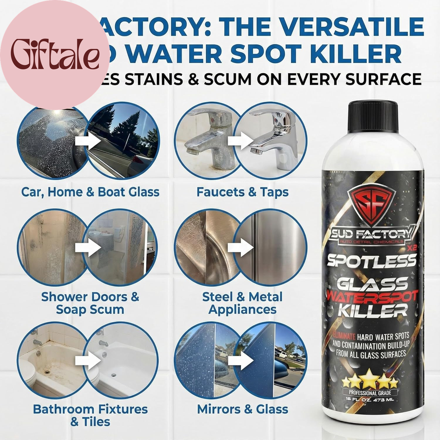 Hard Water Spot Remover for Glass Spotless X2 – Removes Water Stains from Shower