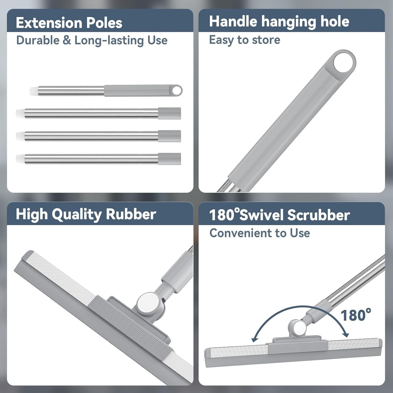 High-Quality 14.2-Inch Rubber Blade Squeegee, 180° Rotating & Adjustable Length