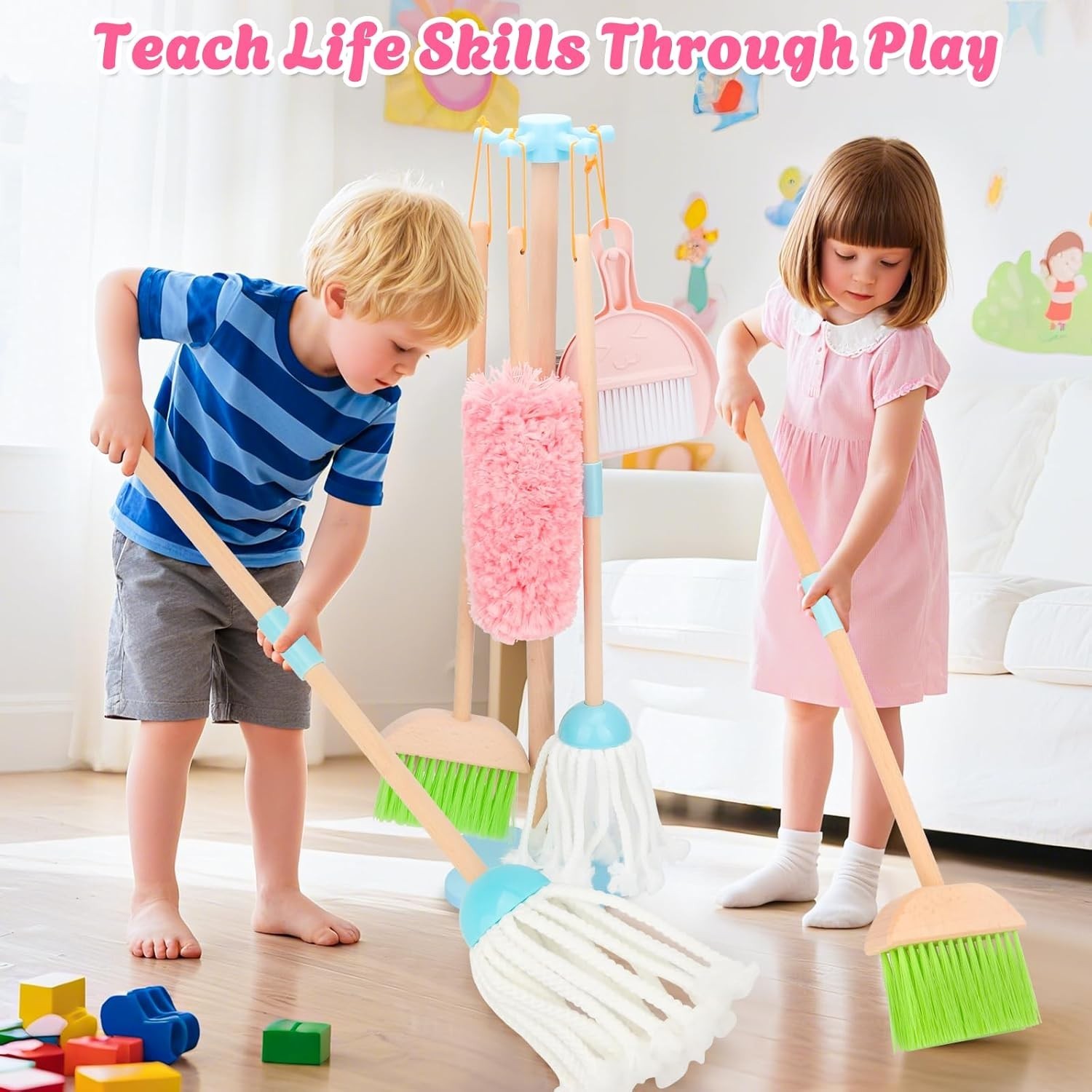 Kids Cleaning Set Wooden Toddler Broom Mop Playhouse Housekeeping Toy for Ages 3