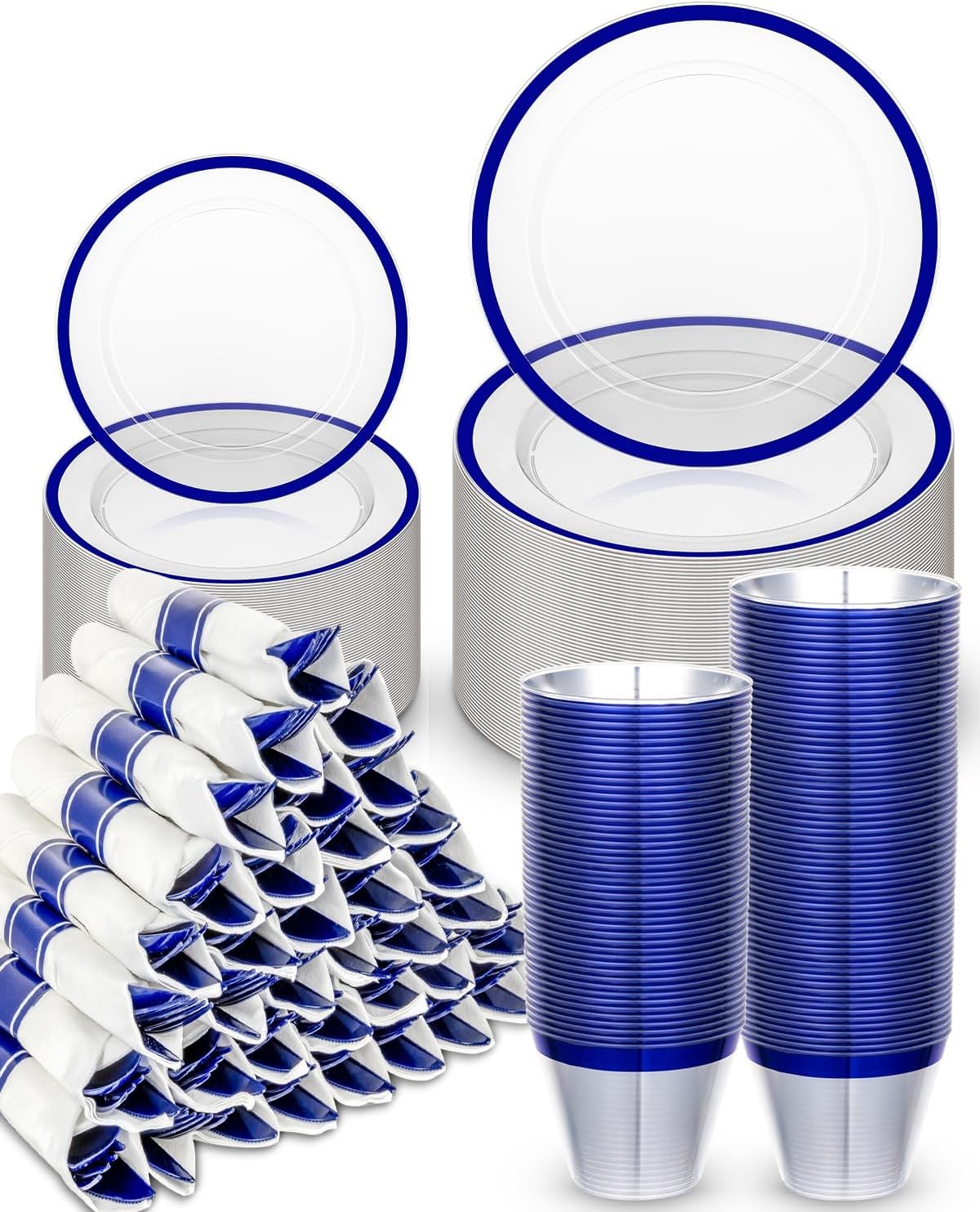 BESTVIP 350PCS Plastic Clear Blue Plates for Party, Disposable Dinnerware Set