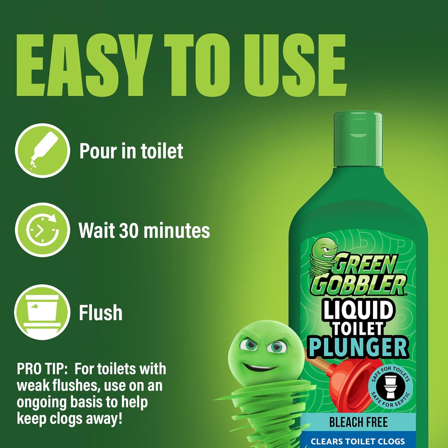 Green Gobbler Liquid Toilet Plunger | Clog Remover | Safe for Toilets and Septic