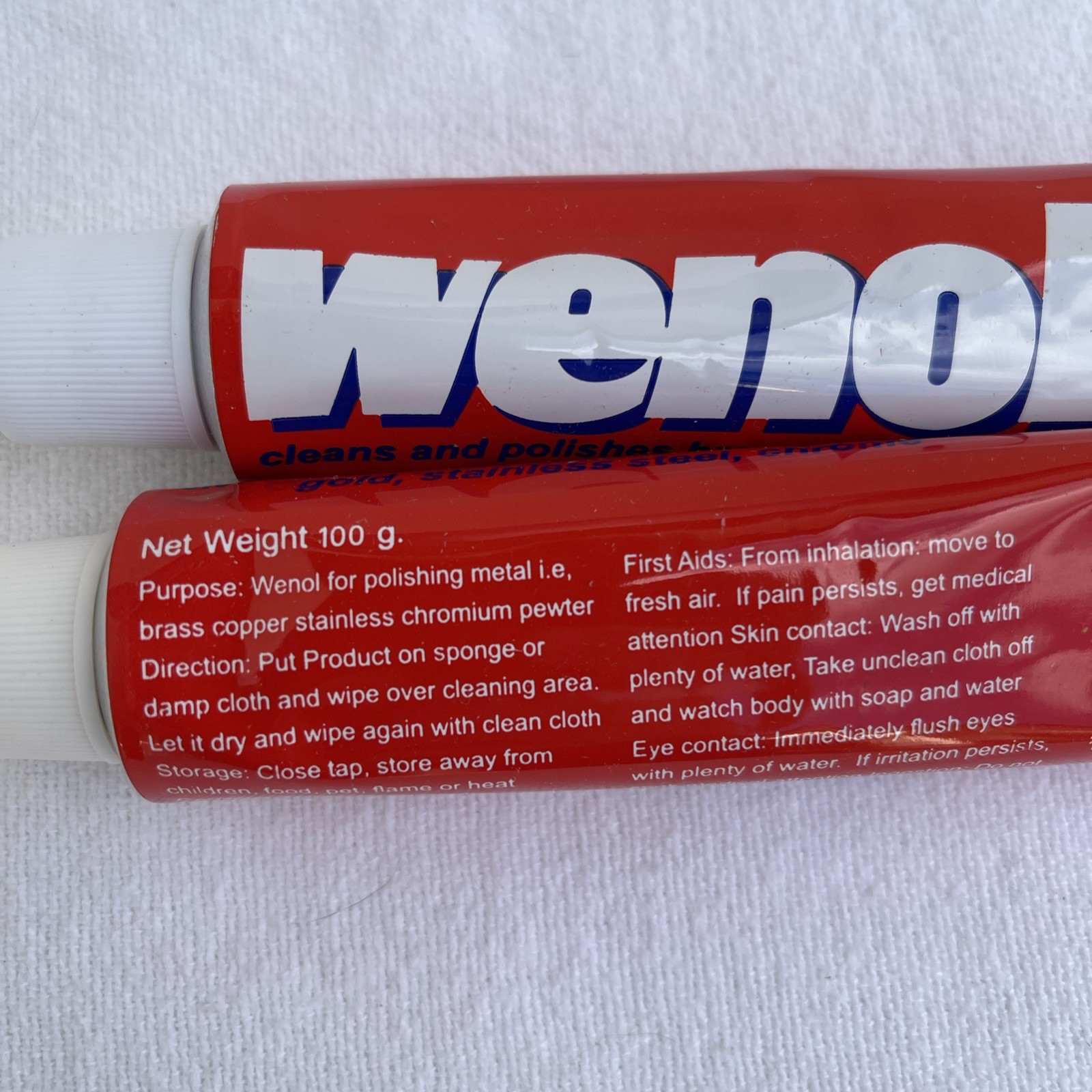 Lot of 2 Wenol Red Metal Polish 100g Tubes Brass Copper Chrome Stainless Steel