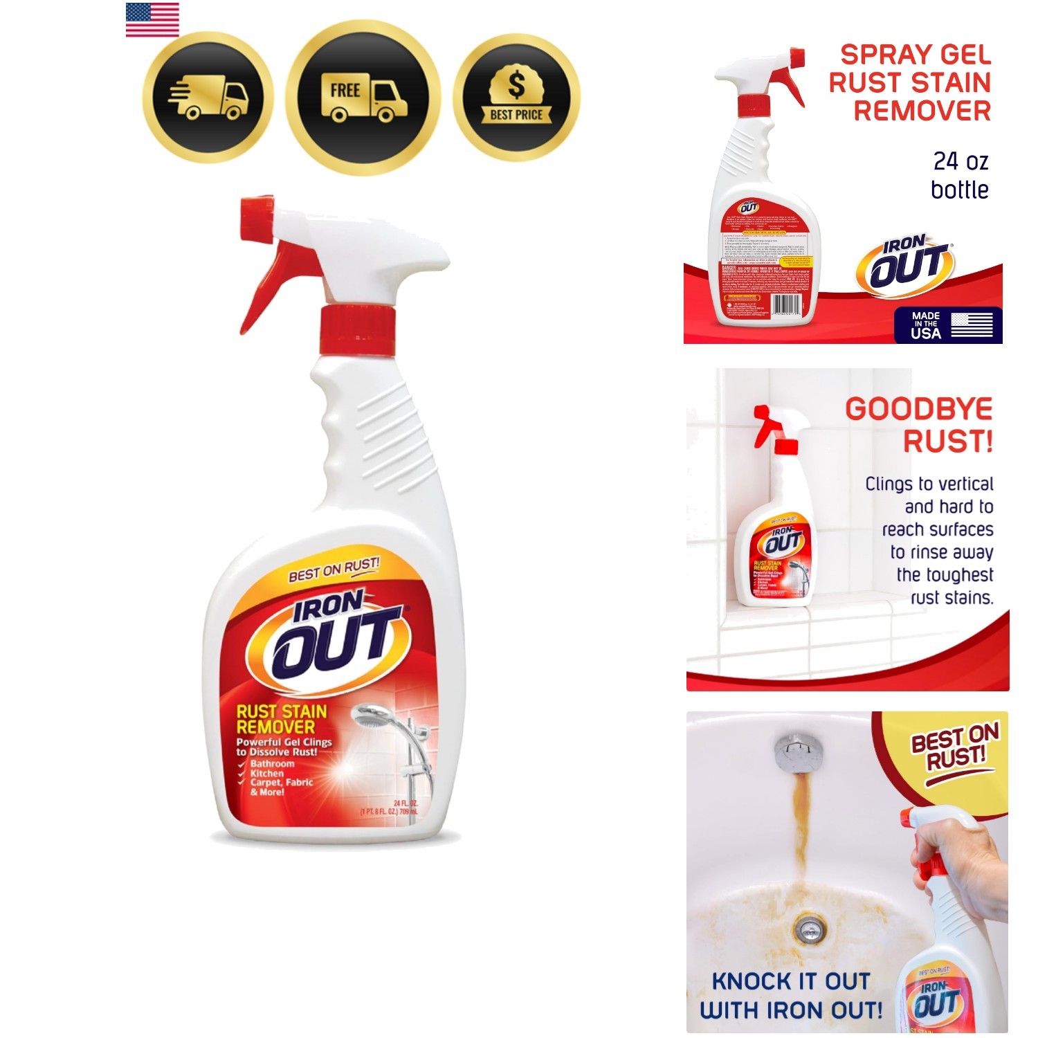 Rust Stain Remover Spray Gel for Bathrooms Kitchens Laundry Outdoor 24oz