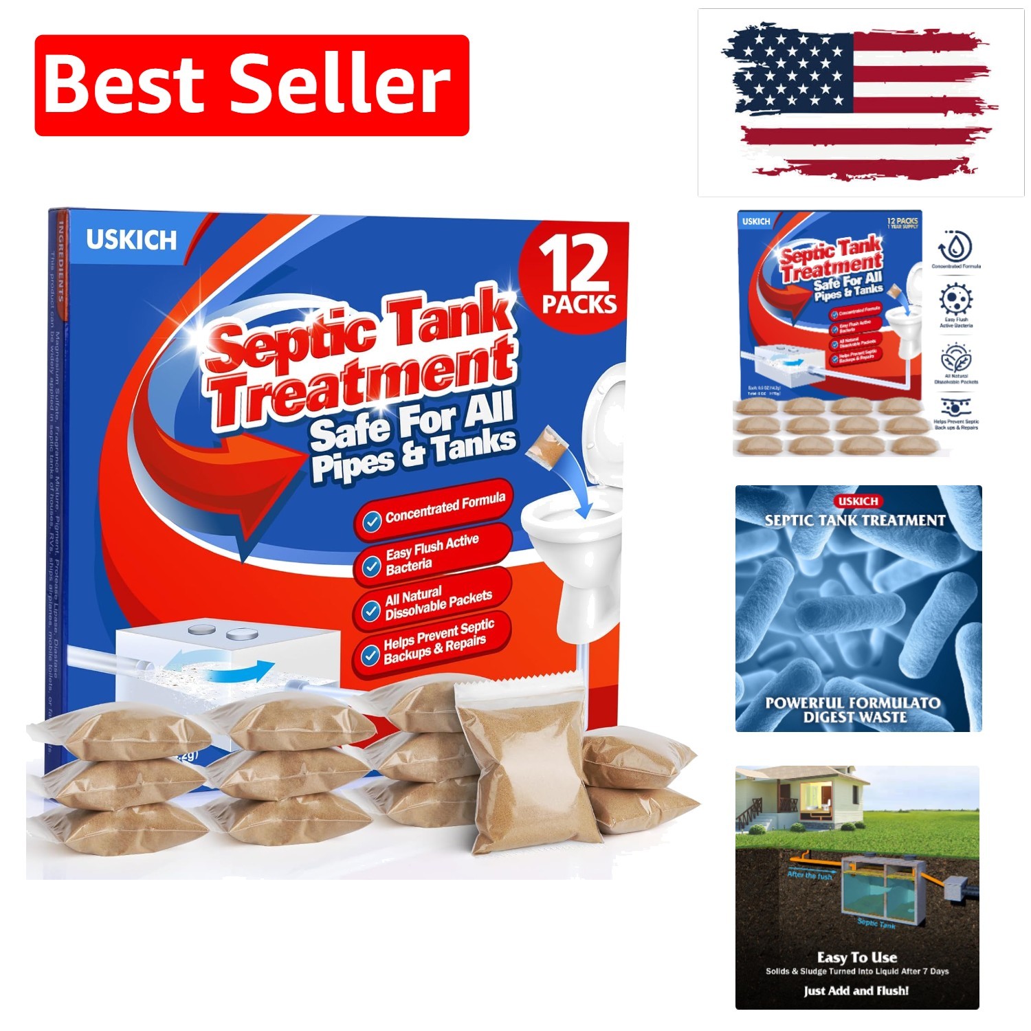 Septic Tank Solution – 12 Dissolvable Live Bacteria Packets for Clean Systems