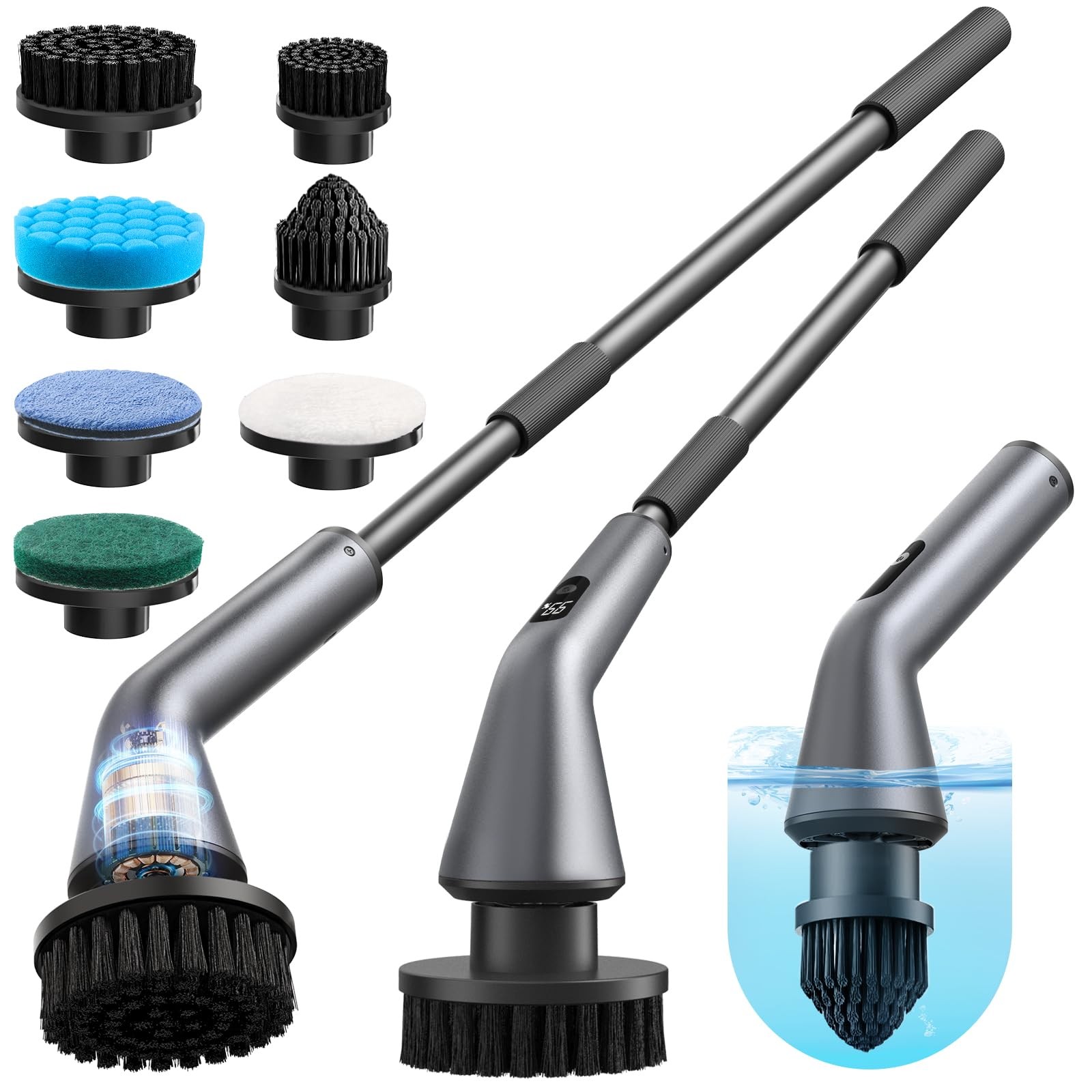Spin Scrubber, IPX7 Waterproof 2-Speed, Extendable Long Handle Cordless Clean…