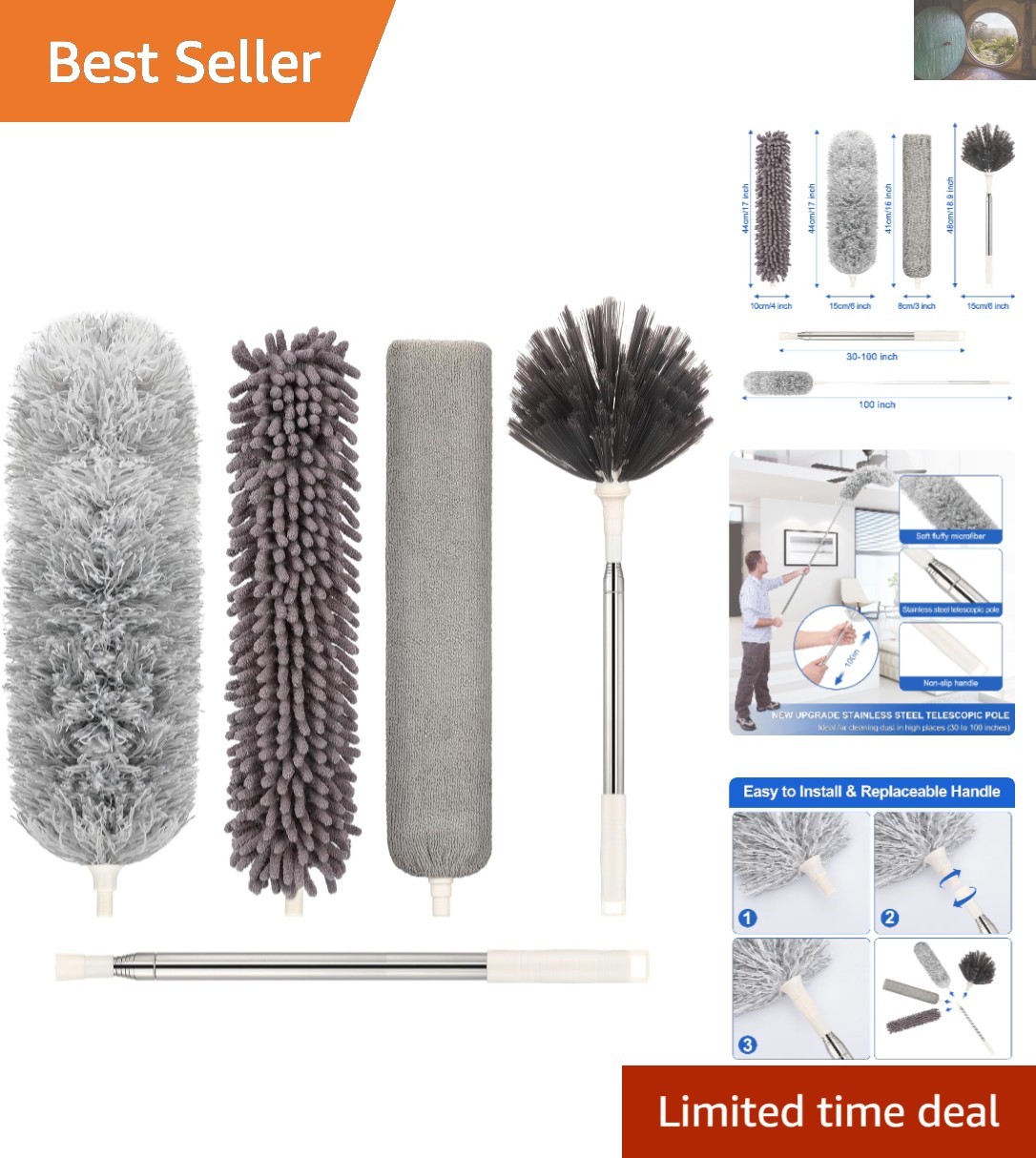 Extendable Microfiber Duster 30-100 Inches with Bendable Head & Brushes Kit