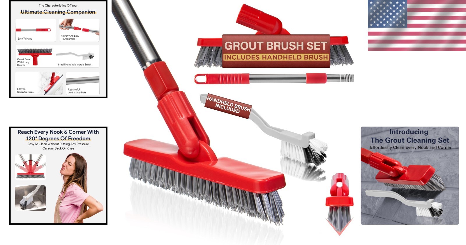 Living Grout Brush with Long Handle & Handheld Stiff Bristle Scrubber, V-Shap…
