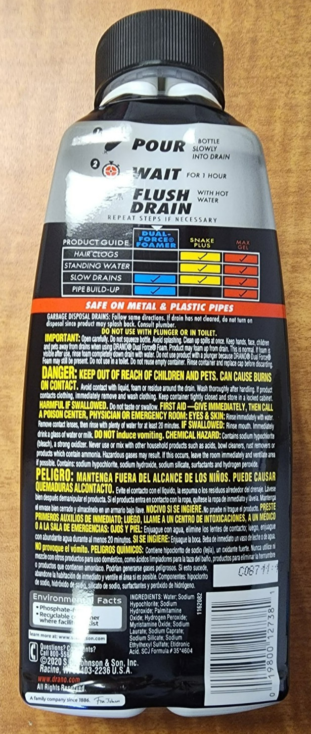 2 Drāno Dual-Force Foamer Drain Clog Remover, 17 Fl oz Each Bottle